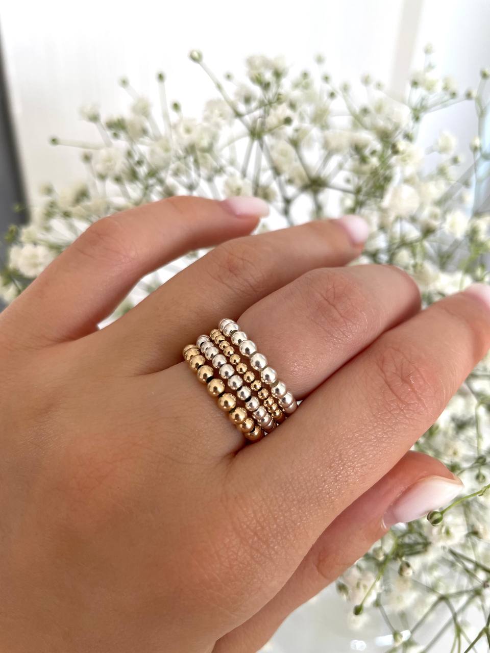 14k gold filled and silver beaded stretch ring