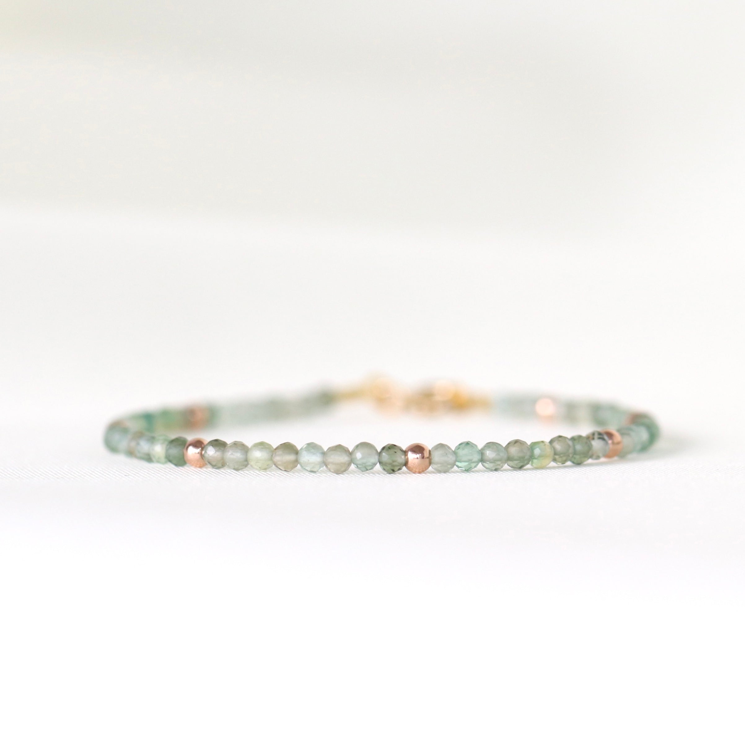 Dainty Green Amethyst bracelet with rose gold filled beads, handmade minimalist jewelry