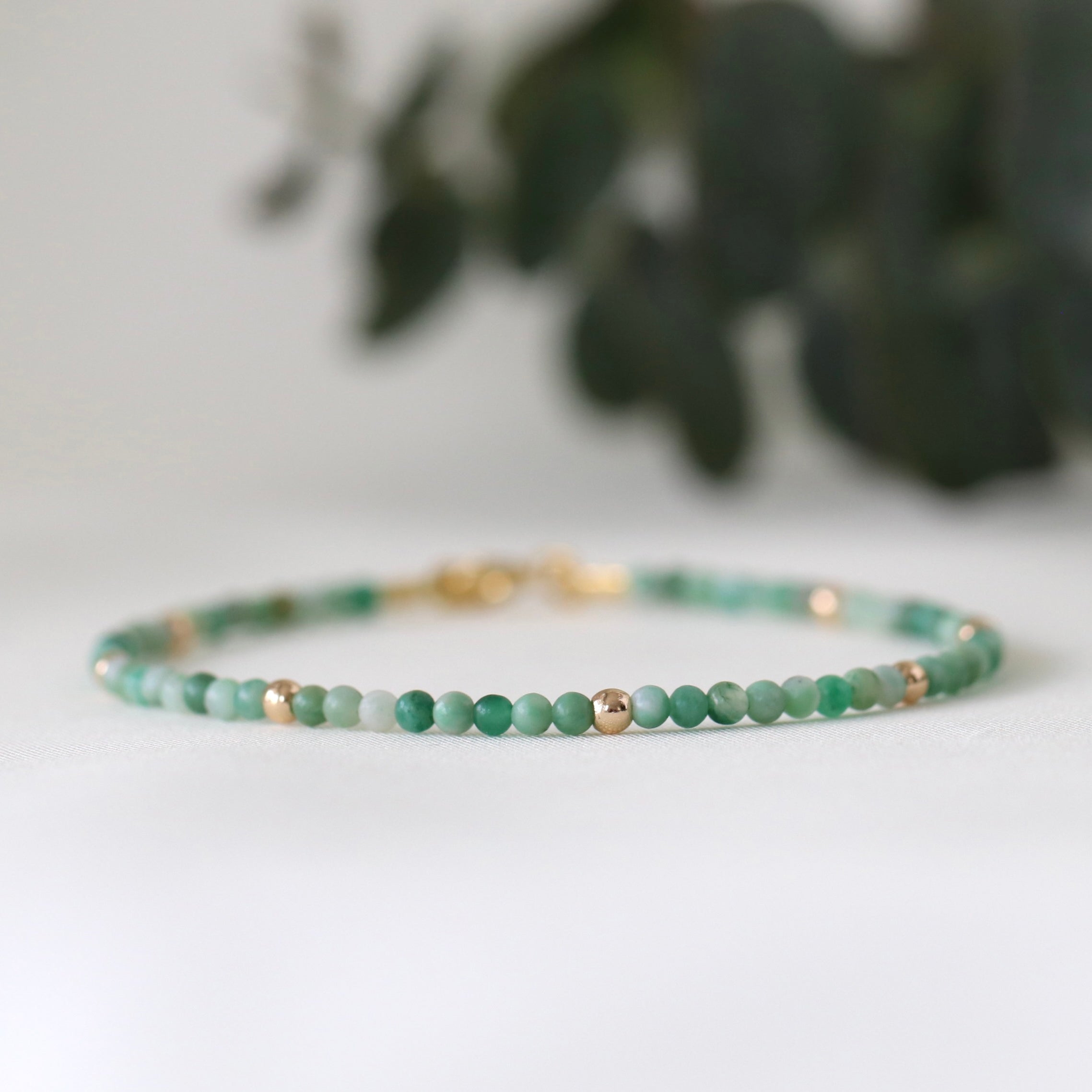 Dainty green Jade bracelet with 14k gold accents, timeless handcrafted jewelry
