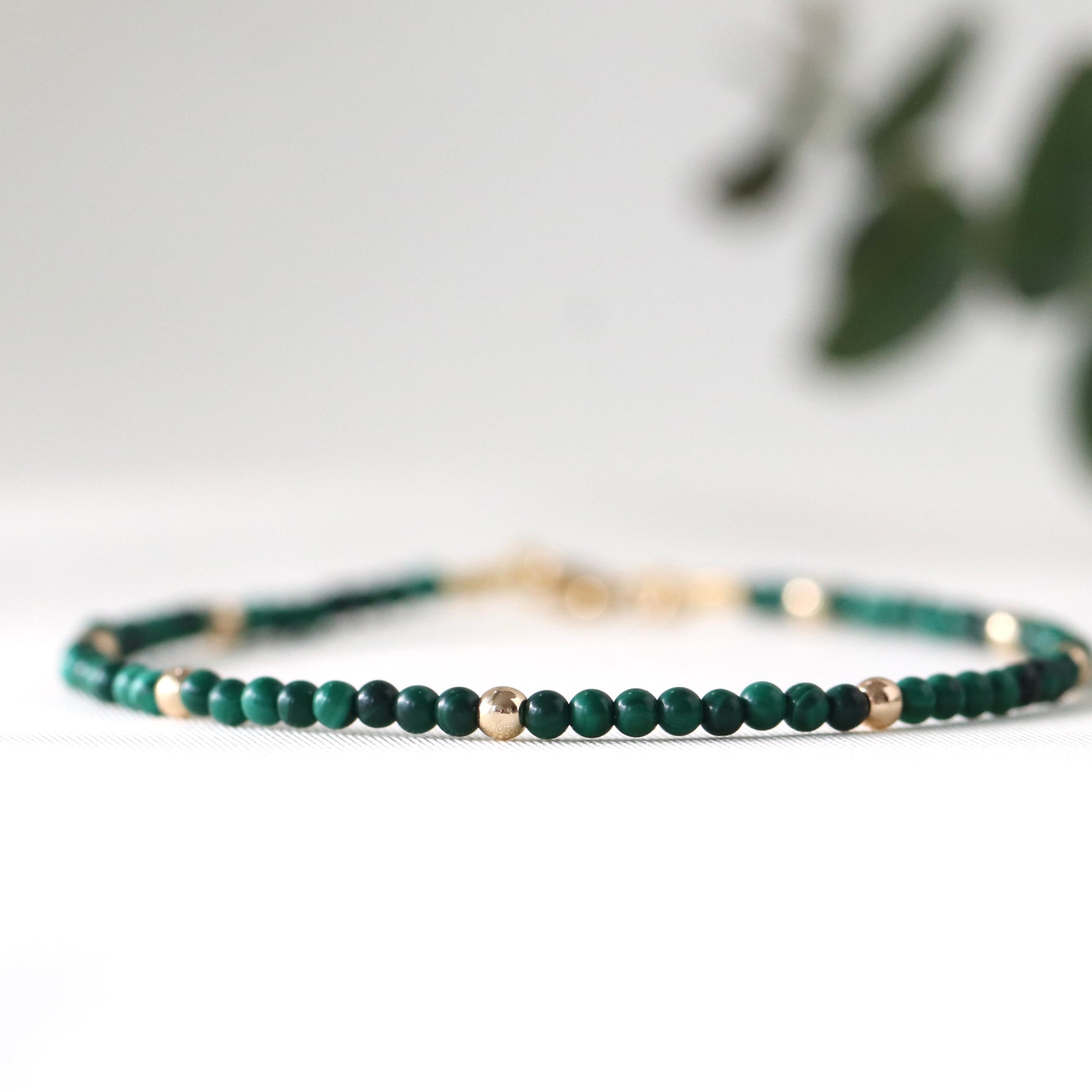 Dainty malachite bracelet from Oberia Jewelry, elegant handmade jewelry inspired by August birthstones