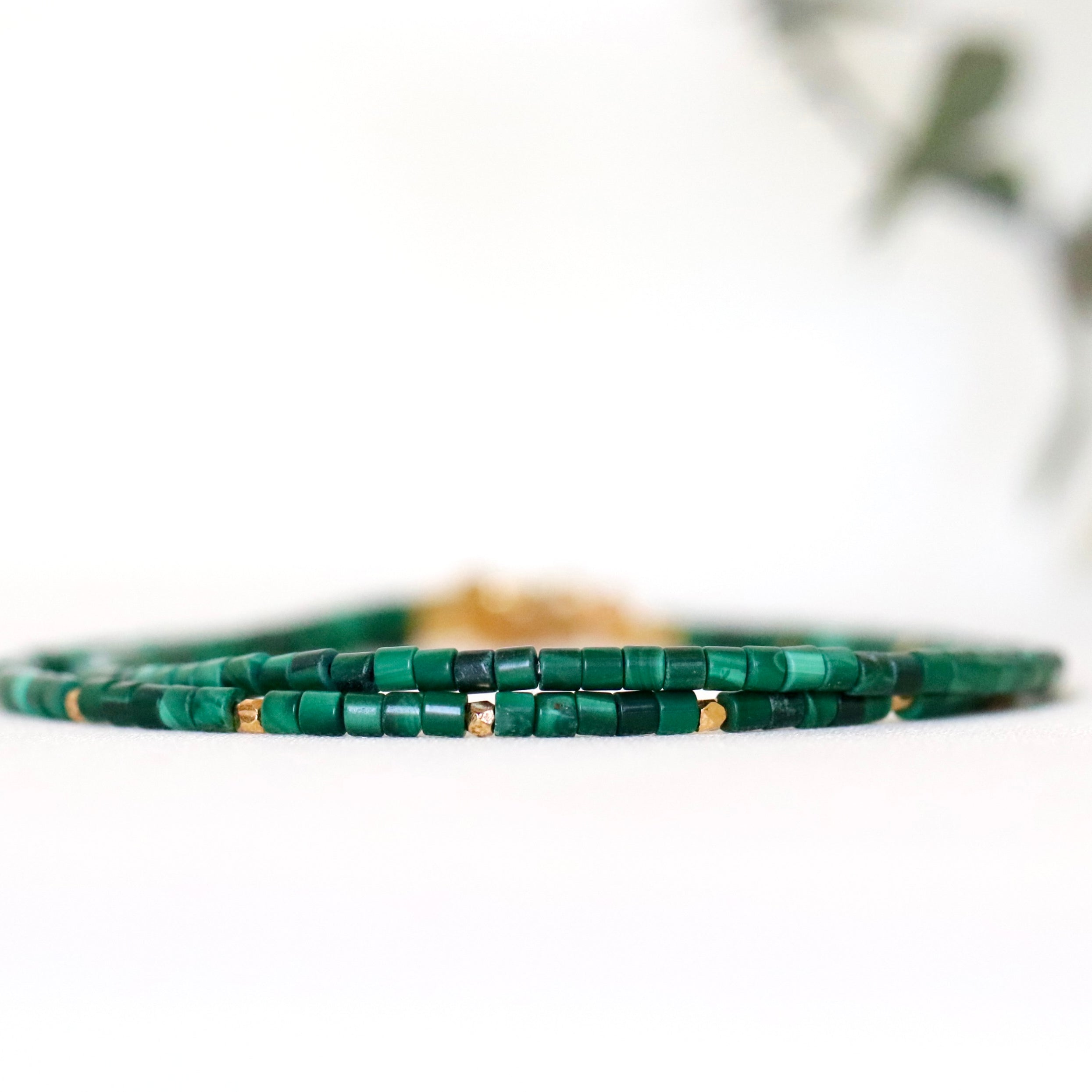 Dainty Malachite bracelet featuring 24k gold vermeil accents, minimalist handmade jewelry
