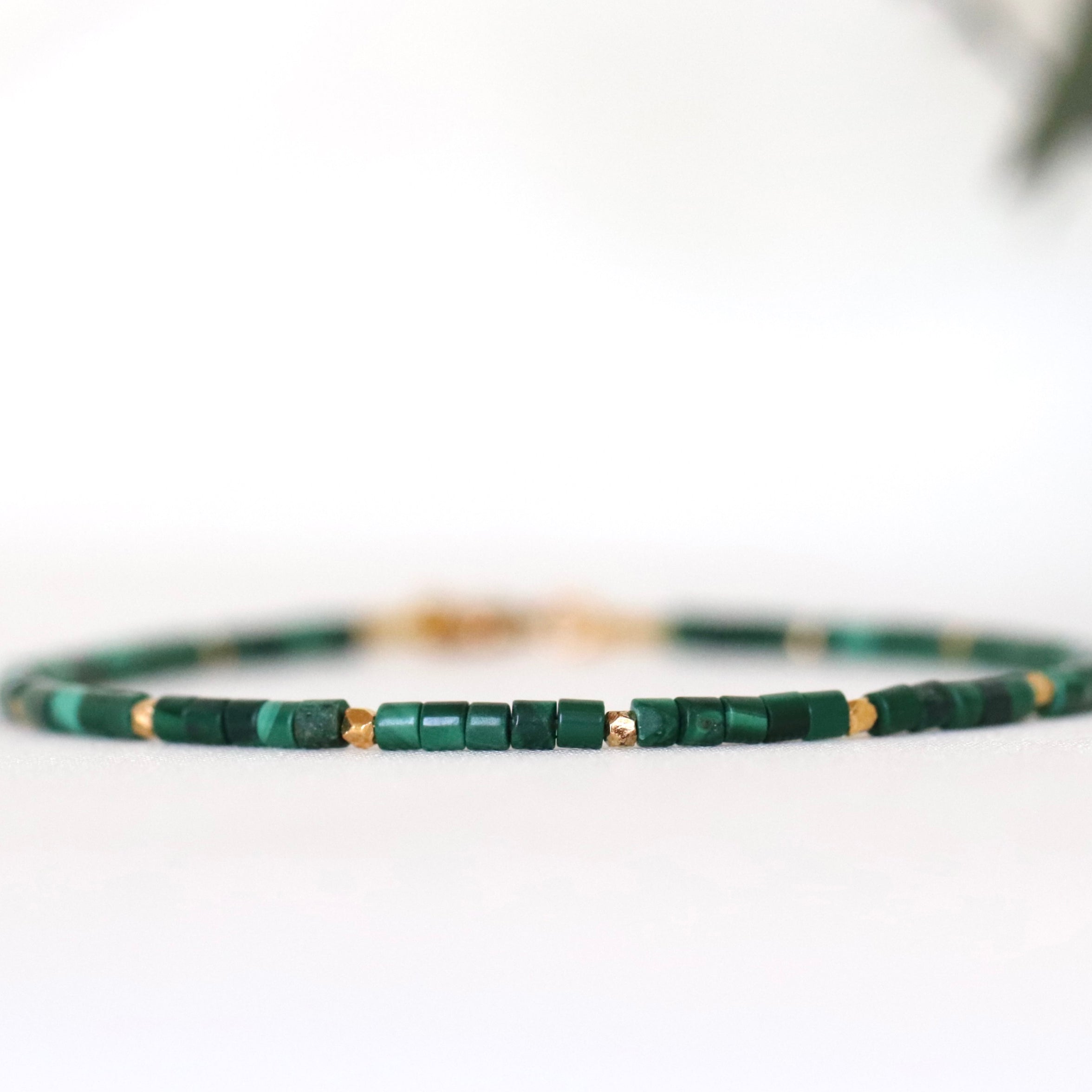 Elegant Thai Malachite bracelet with gold vermeil beads, timeless Oberia Jewelry design