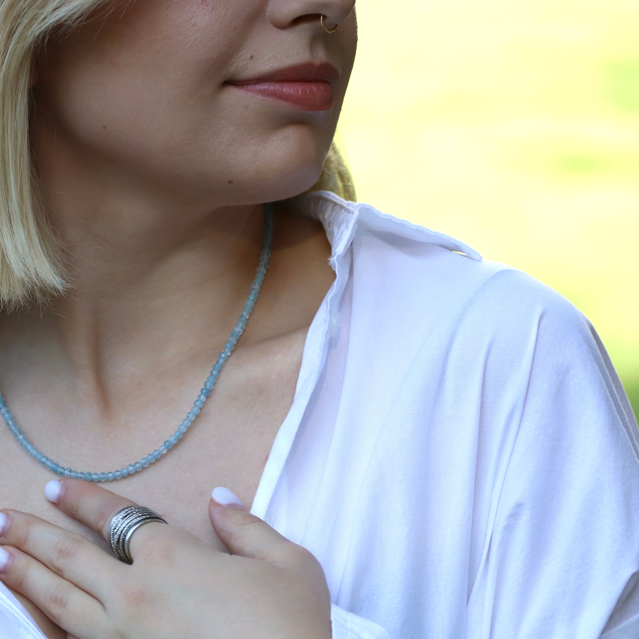 Handmade Aquamarine necklace with 4mm gemstones and 925 sterling silver clasp by Oberia Jewelry