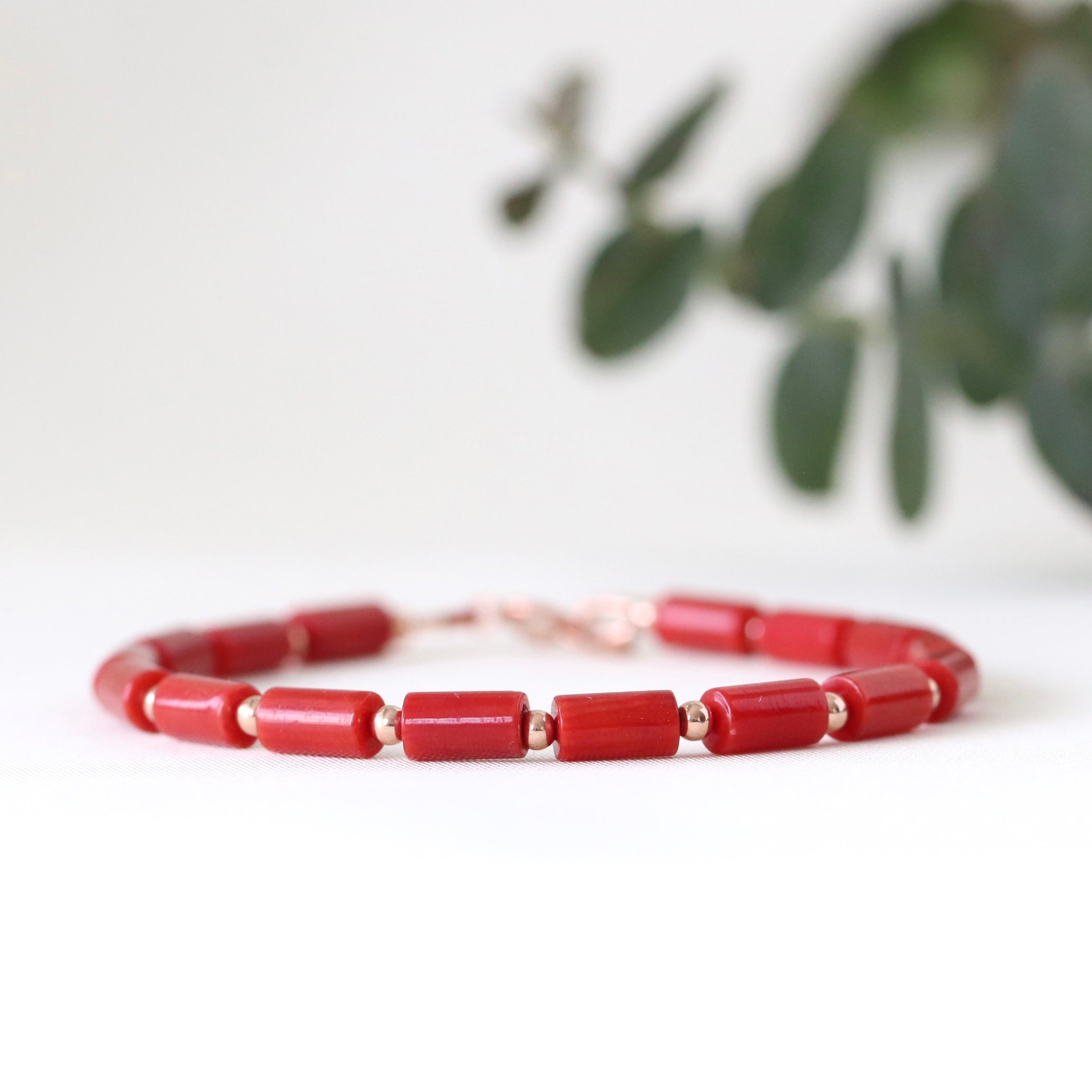 Handmade Italian Red Coral bracelet with rose gold filled beads, elegant minimalist jewelry by Oberia