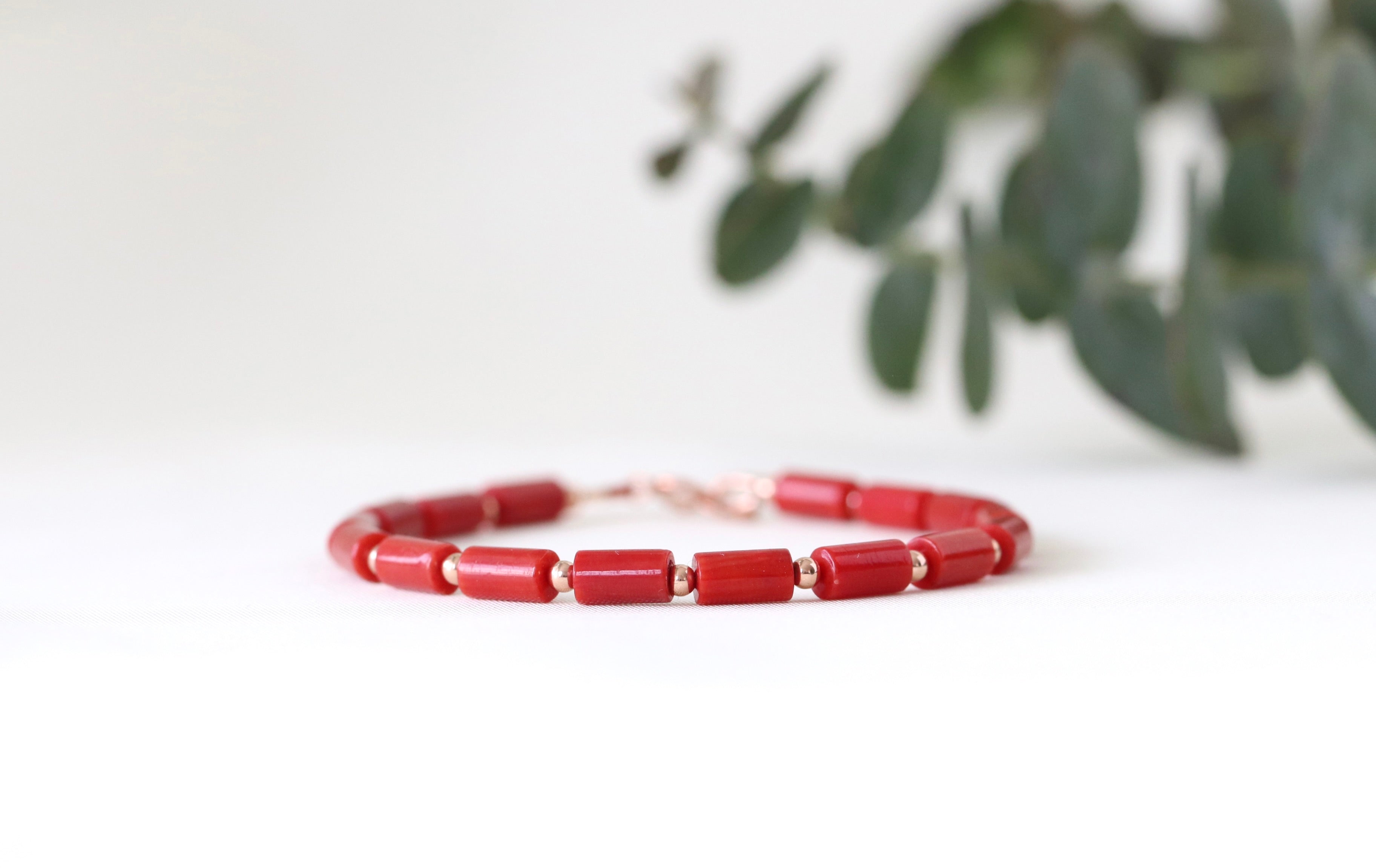 Handmade Italian Red Coral bracelet with rose gold filled beads, elegant minimalist jewelry by Oberia