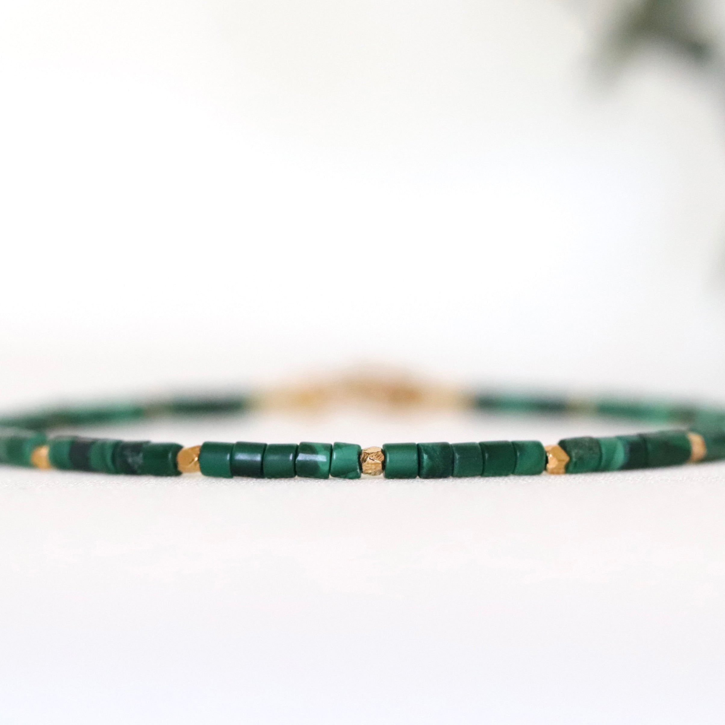 Handmade Malachite bracelet with 24k gold vermeil beads from Thailand, elegant design by Oberia Jewelry