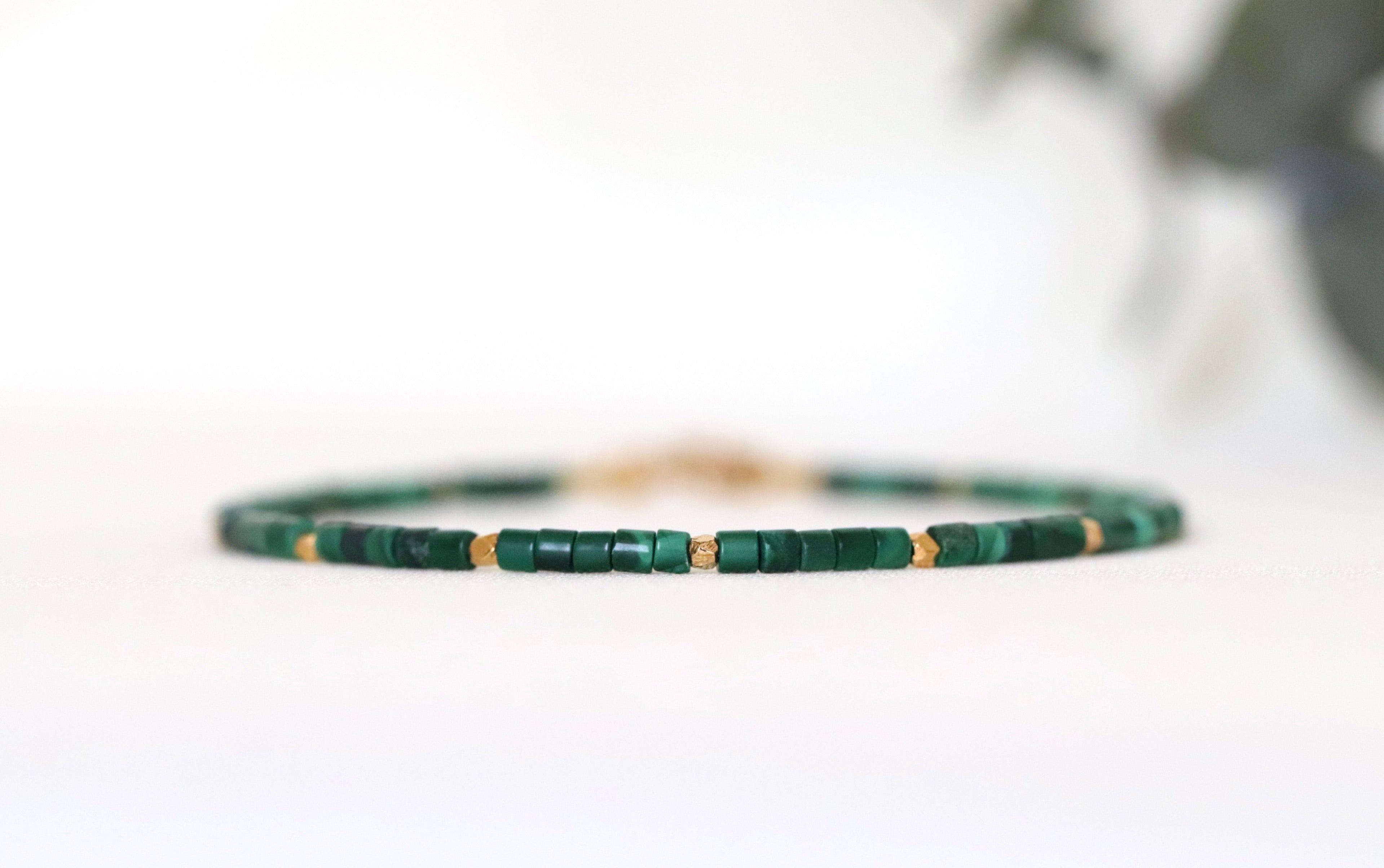 Handmade Malachite bracelet with 24k gold vermeil beads from Thailand, elegant design by Oberia Jewelry