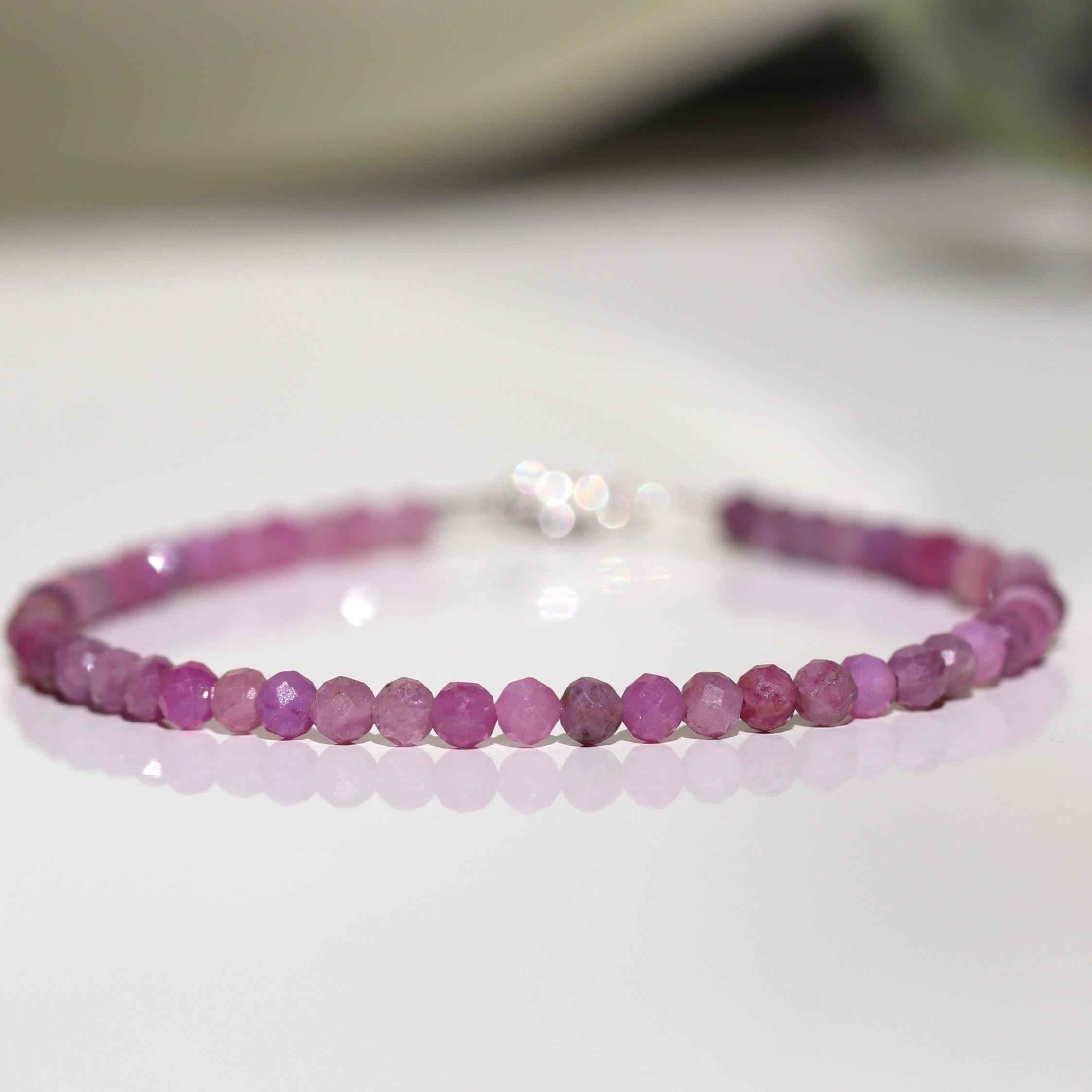 Handmade Pink Ruby bracelet with 3mm gemstones, elegant minimalist jewelry by Oberia