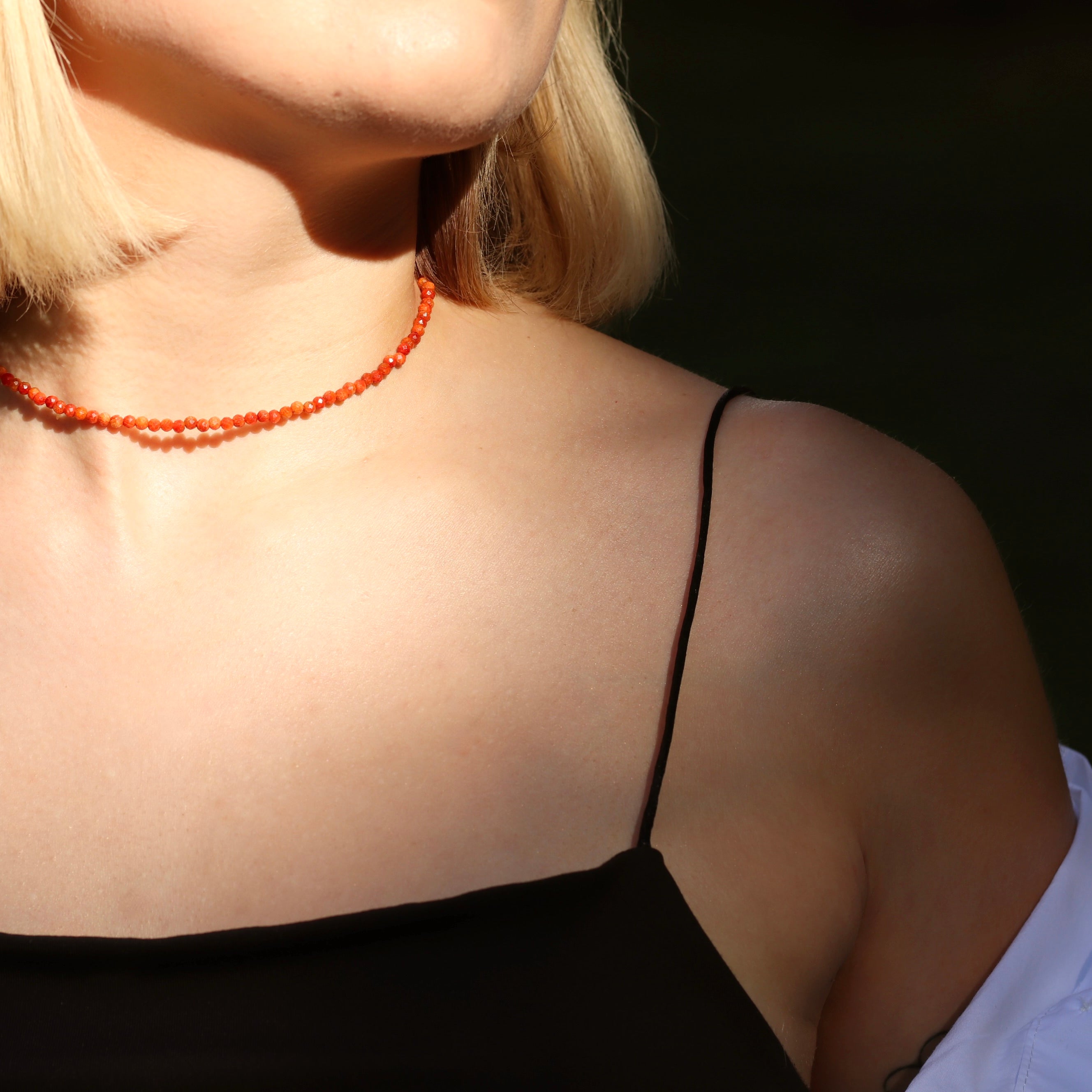 Handmade Sponge Red Coral necklace with natural 3mm beads, dainty minimalist jewelry by Oberia