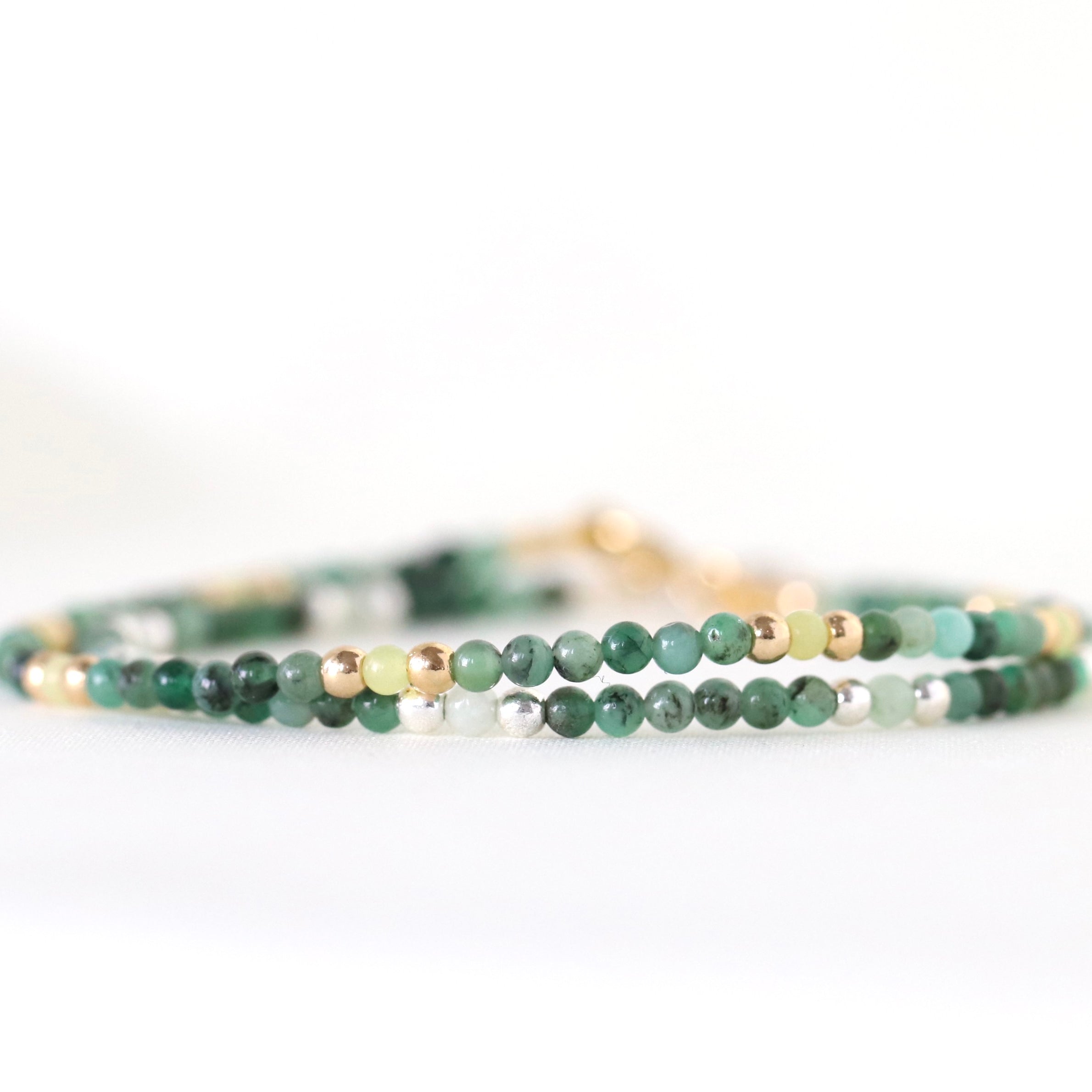 Handmade Tiny Emerald bracelet with Lemon Yellow Jade and 14k gold filled beads by Oberia Jewelry