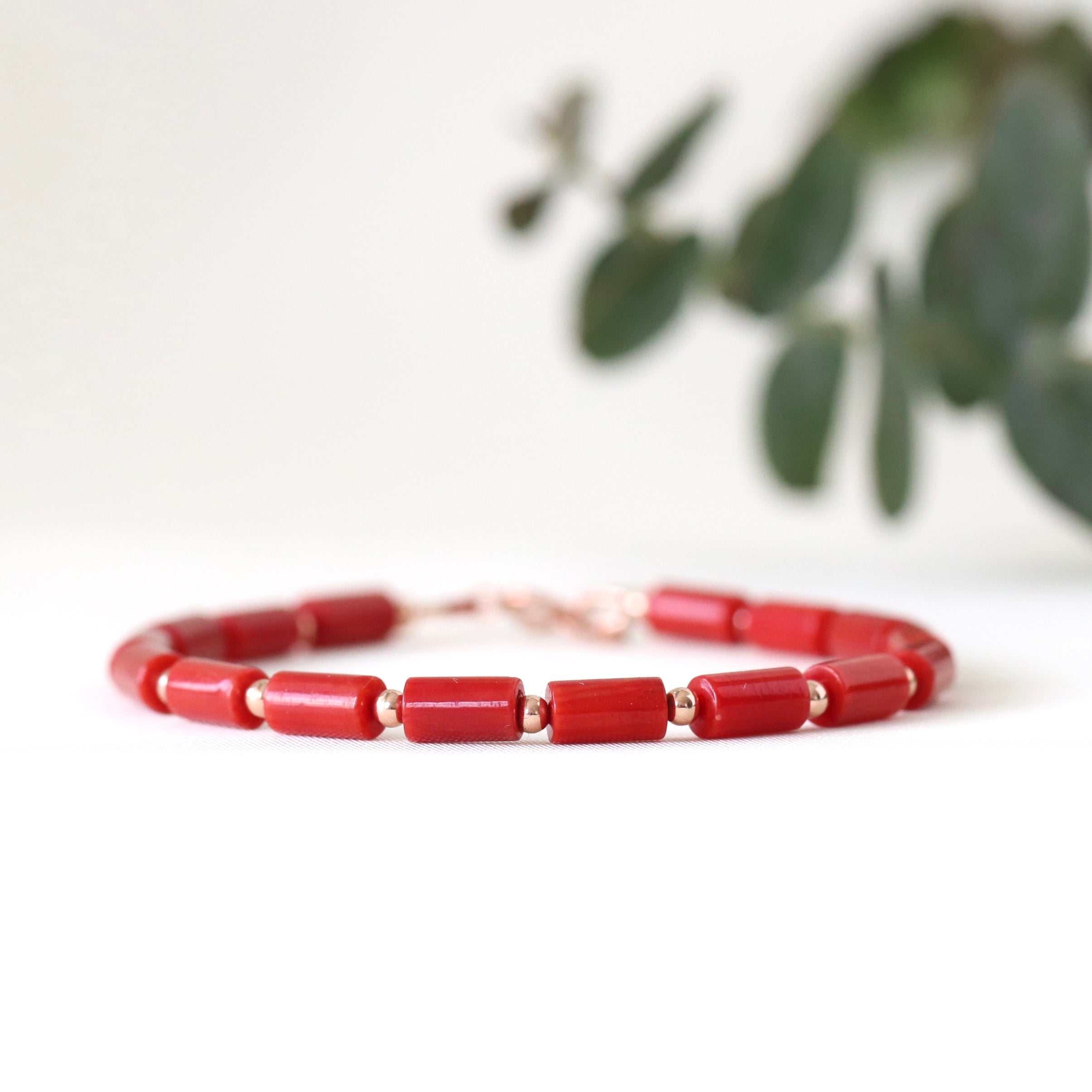 Italian Red Coral bracelet with rose gold beads