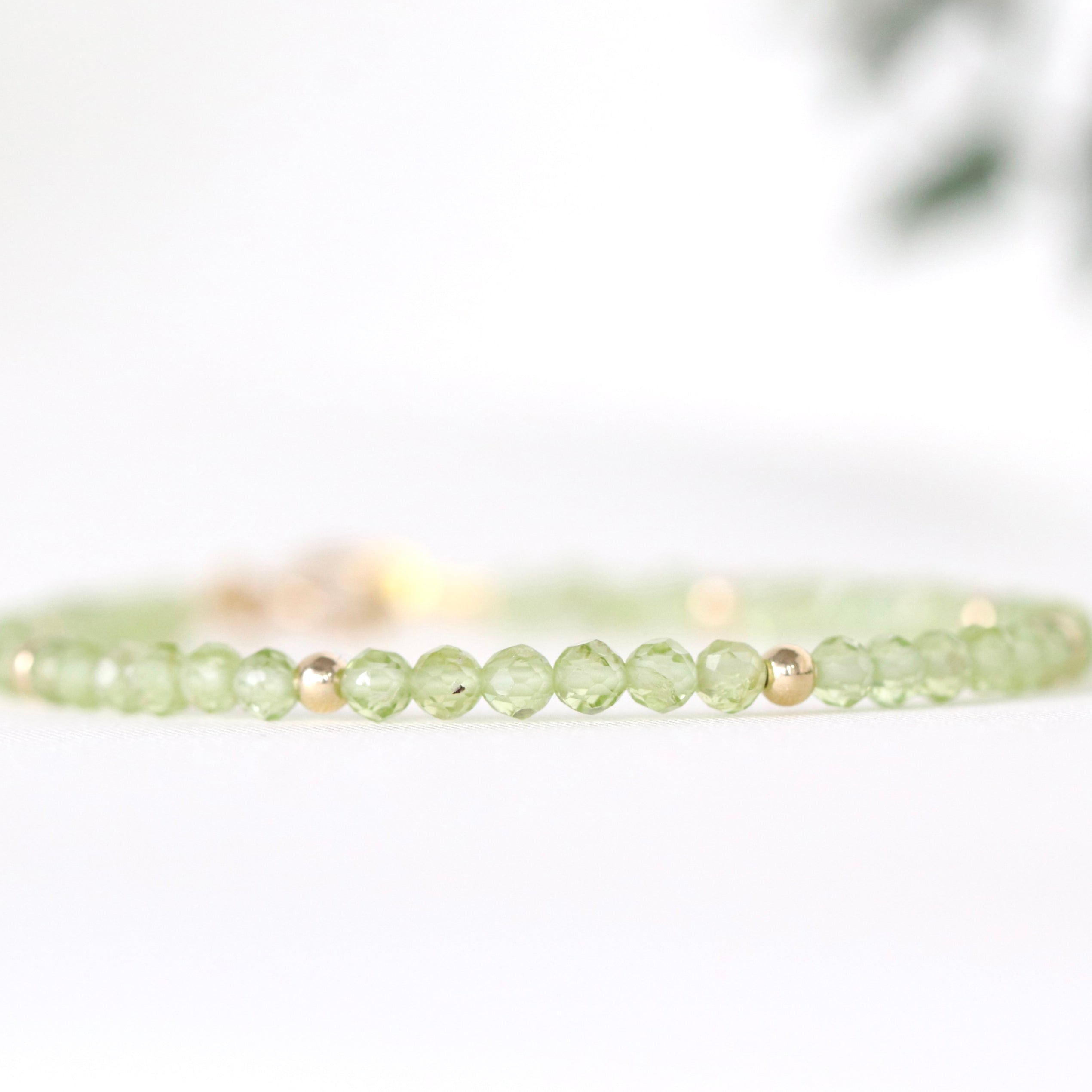Minimalist 3mm Peridot bracelet, gold accents