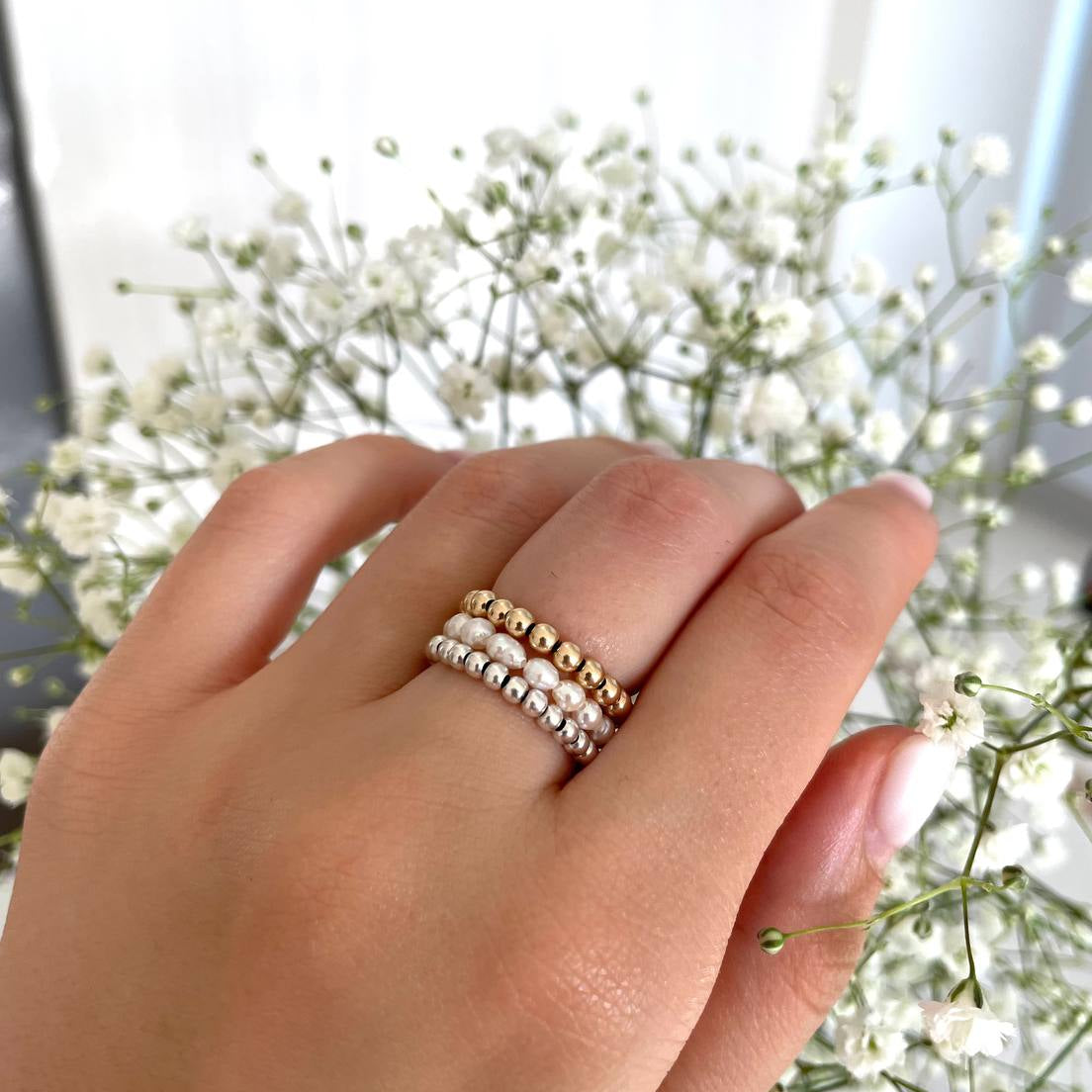 Minimalist gold filled and silver beaded ring