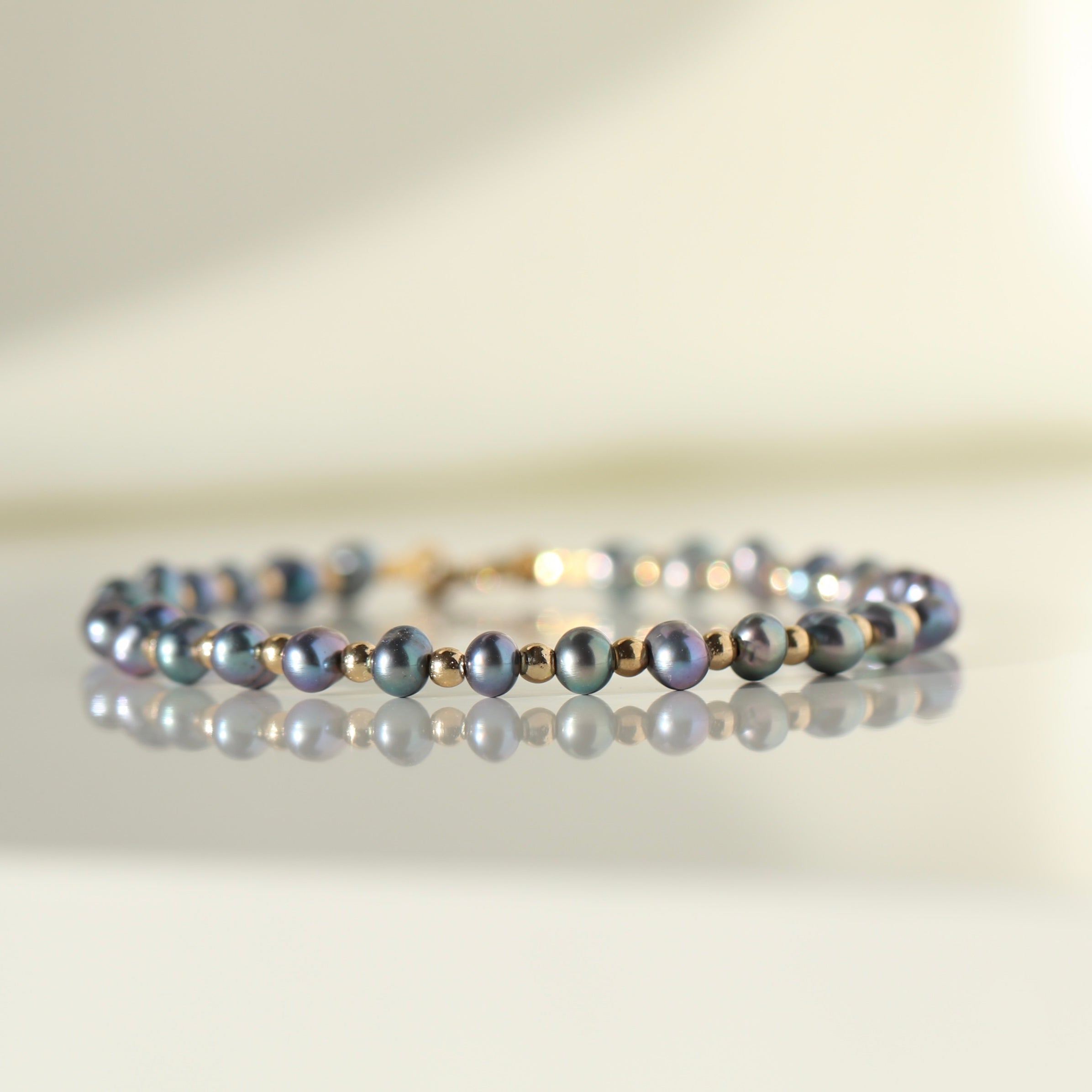 Tahitian Black Pearl bracelet with sterling silver beads, timeless dainty jewelry