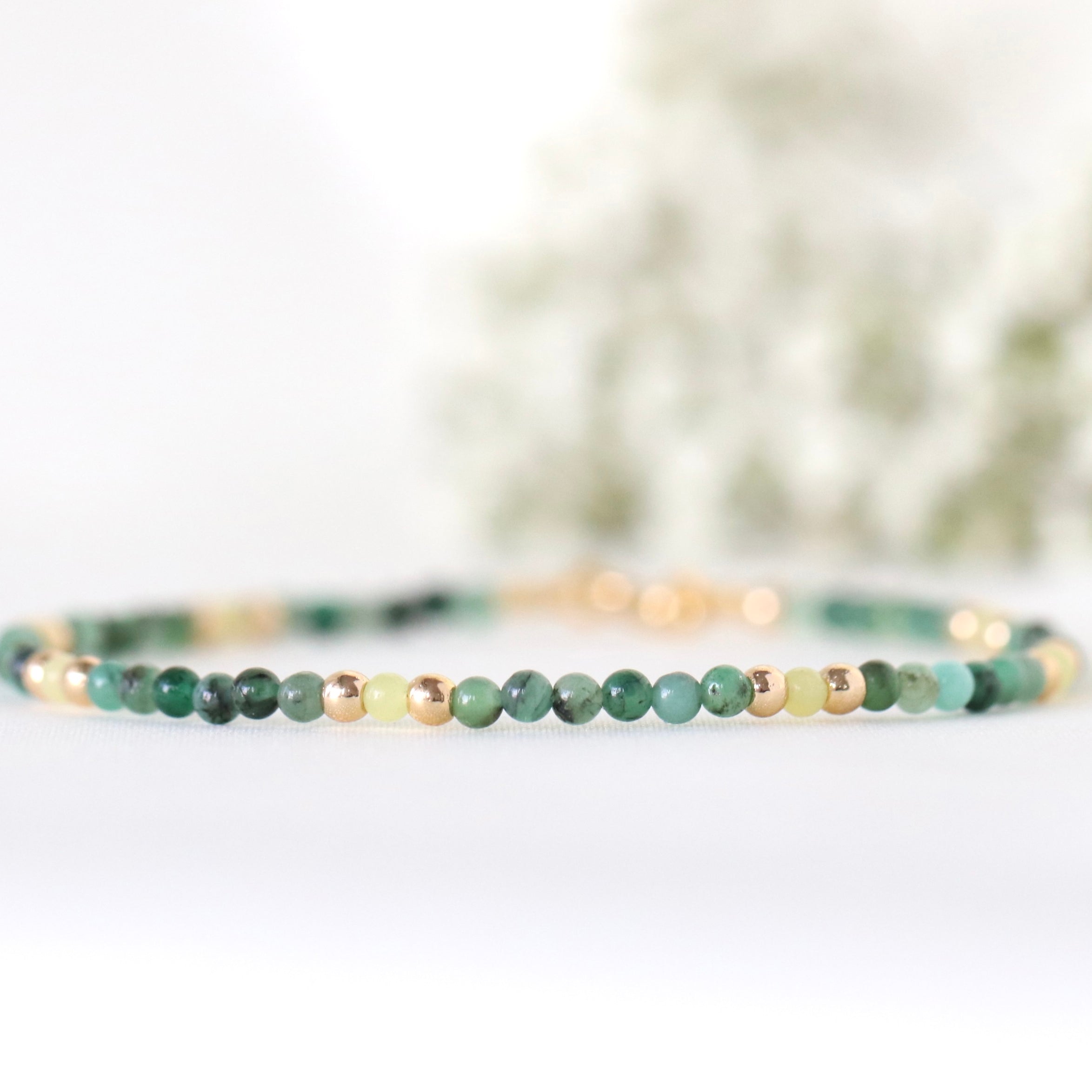 Tiny Emerald bracelet with Lemon Yellow Jade and gold beads