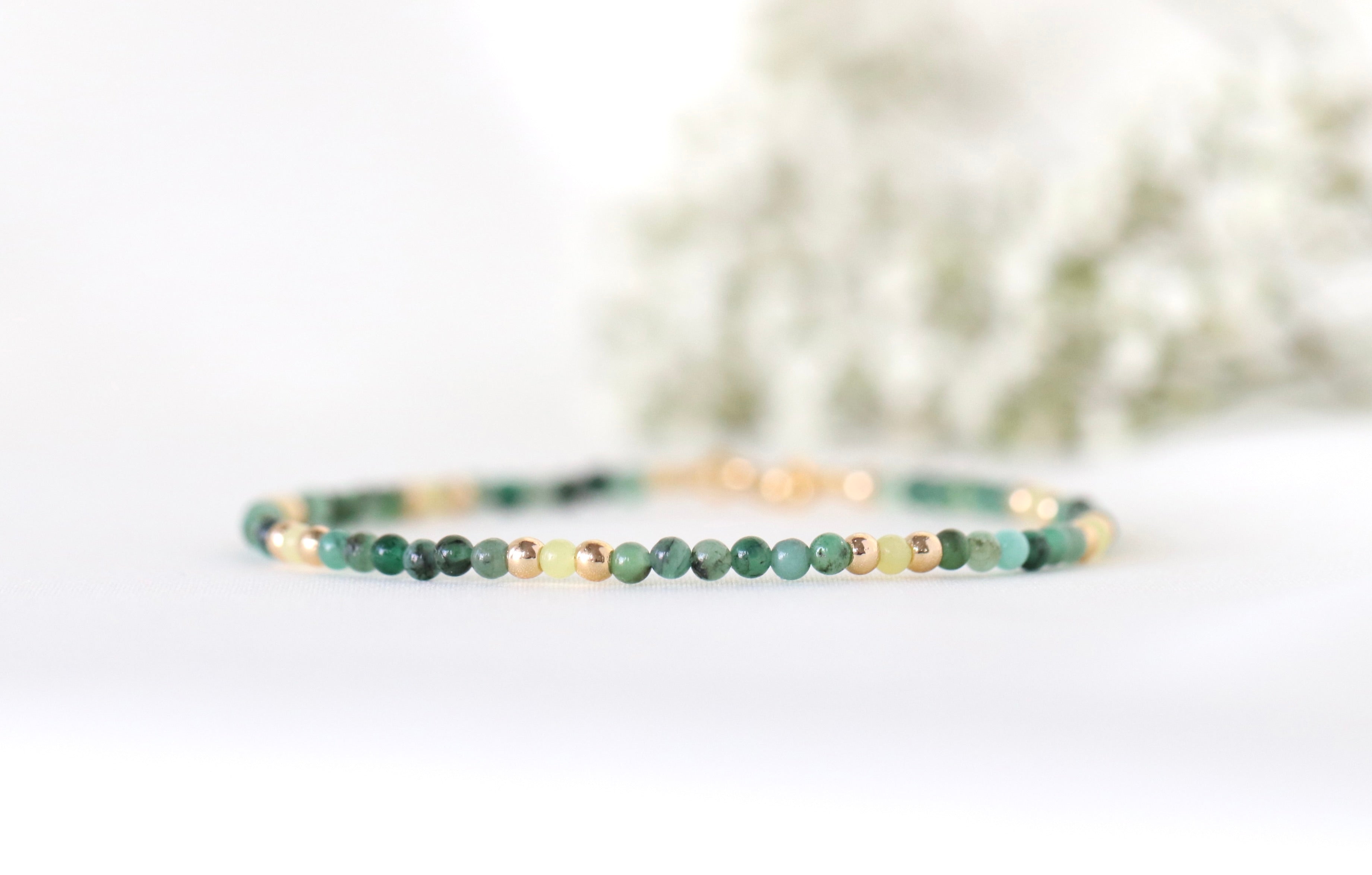 Tiny Emerald bracelet with Lemon Yellow Jade and gold beads