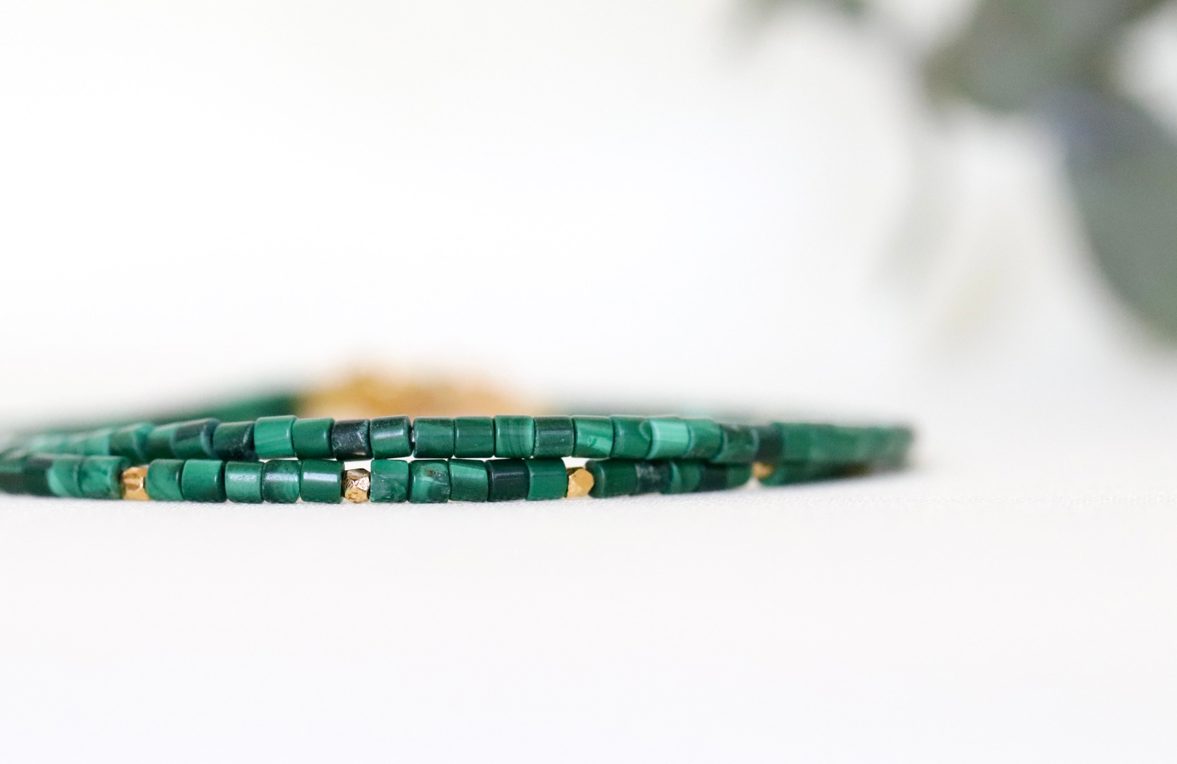 Delicate green Malachite cube bead bracelet with artisan gold vermeil beads from Thailand