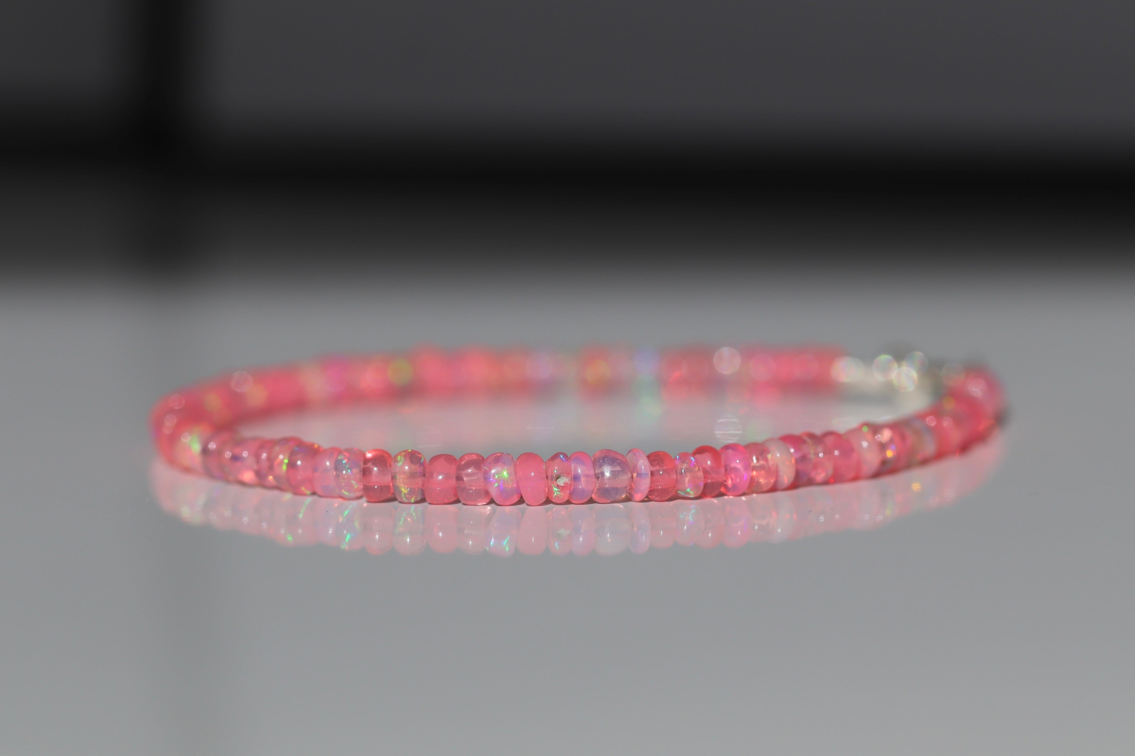 Dainty Fire Pink Opal bracelet by Oberia Jewelry, handmade with elegant minimalist design