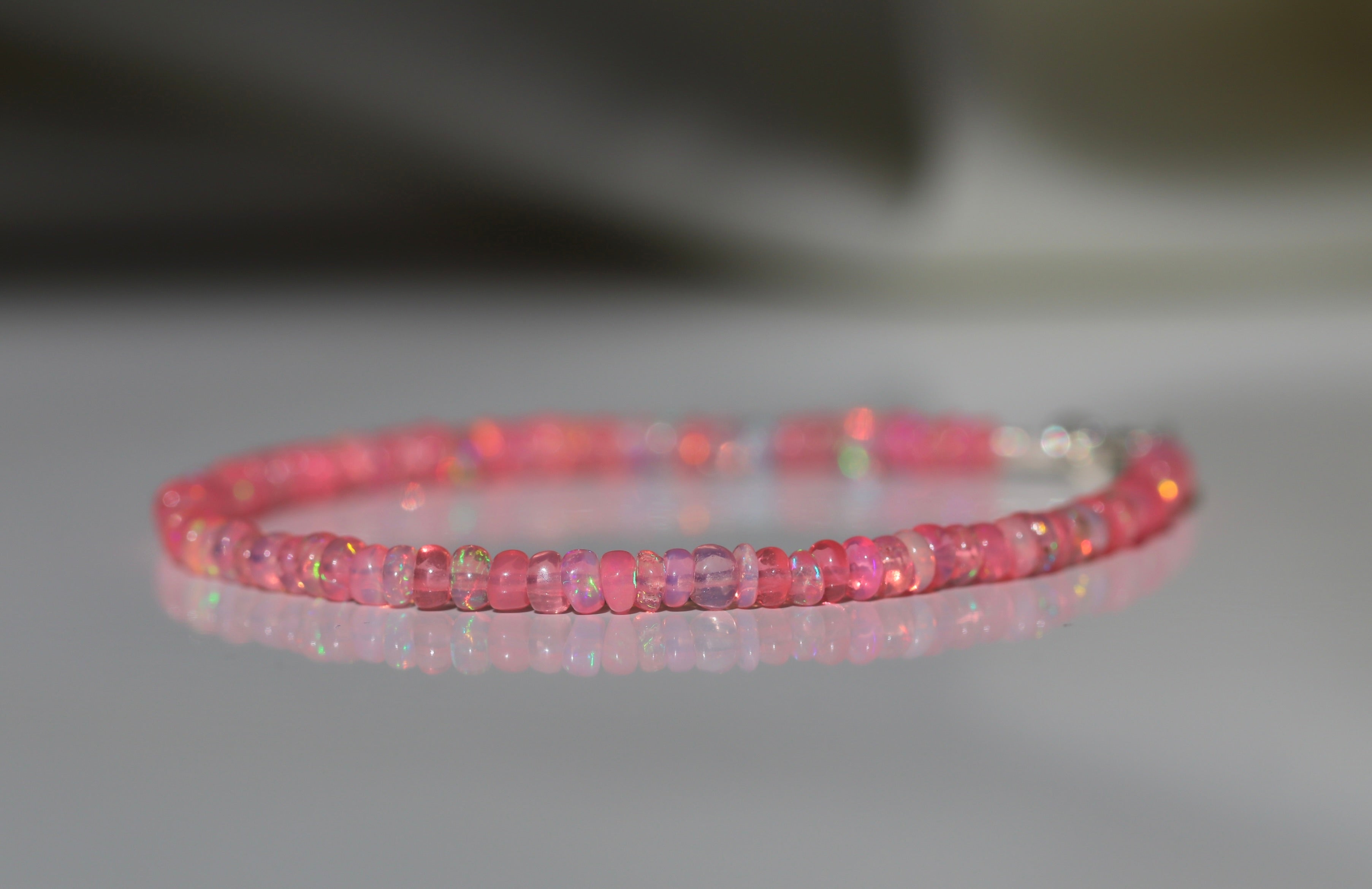 Dainty Fire Pink Opal bracelet by Oberia Jewelry