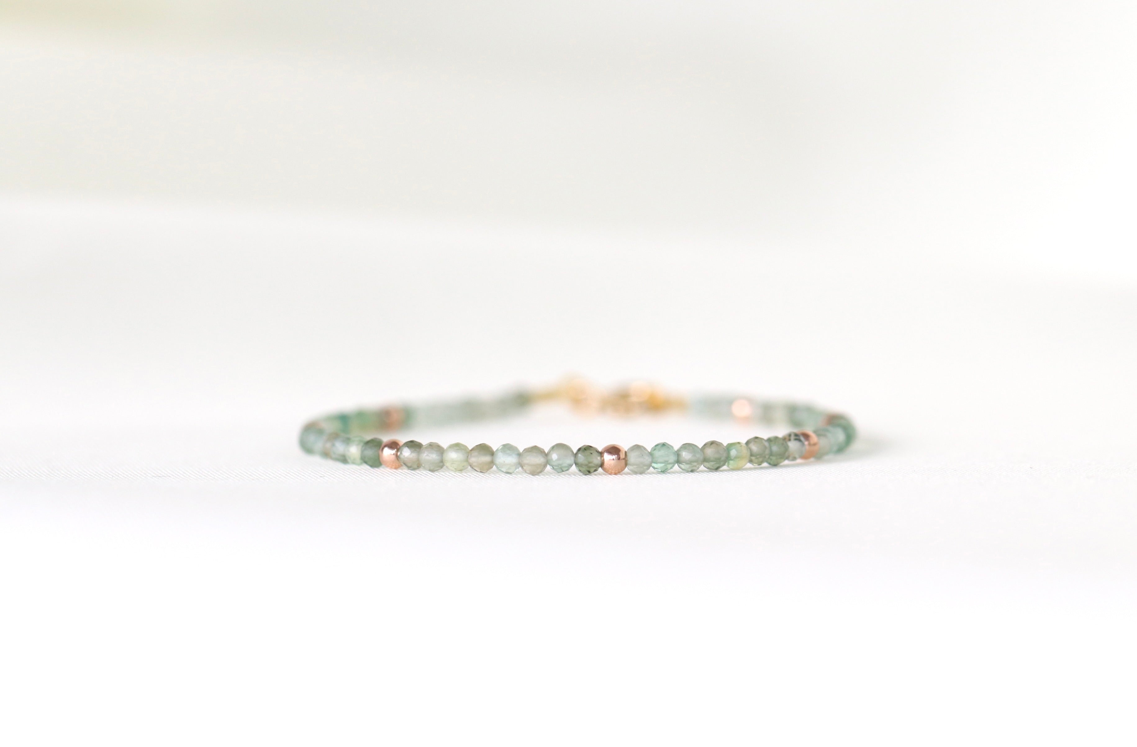 Dainty Green Amethyst bracelet with rose gold filled beads, handmade minimalist jewelry