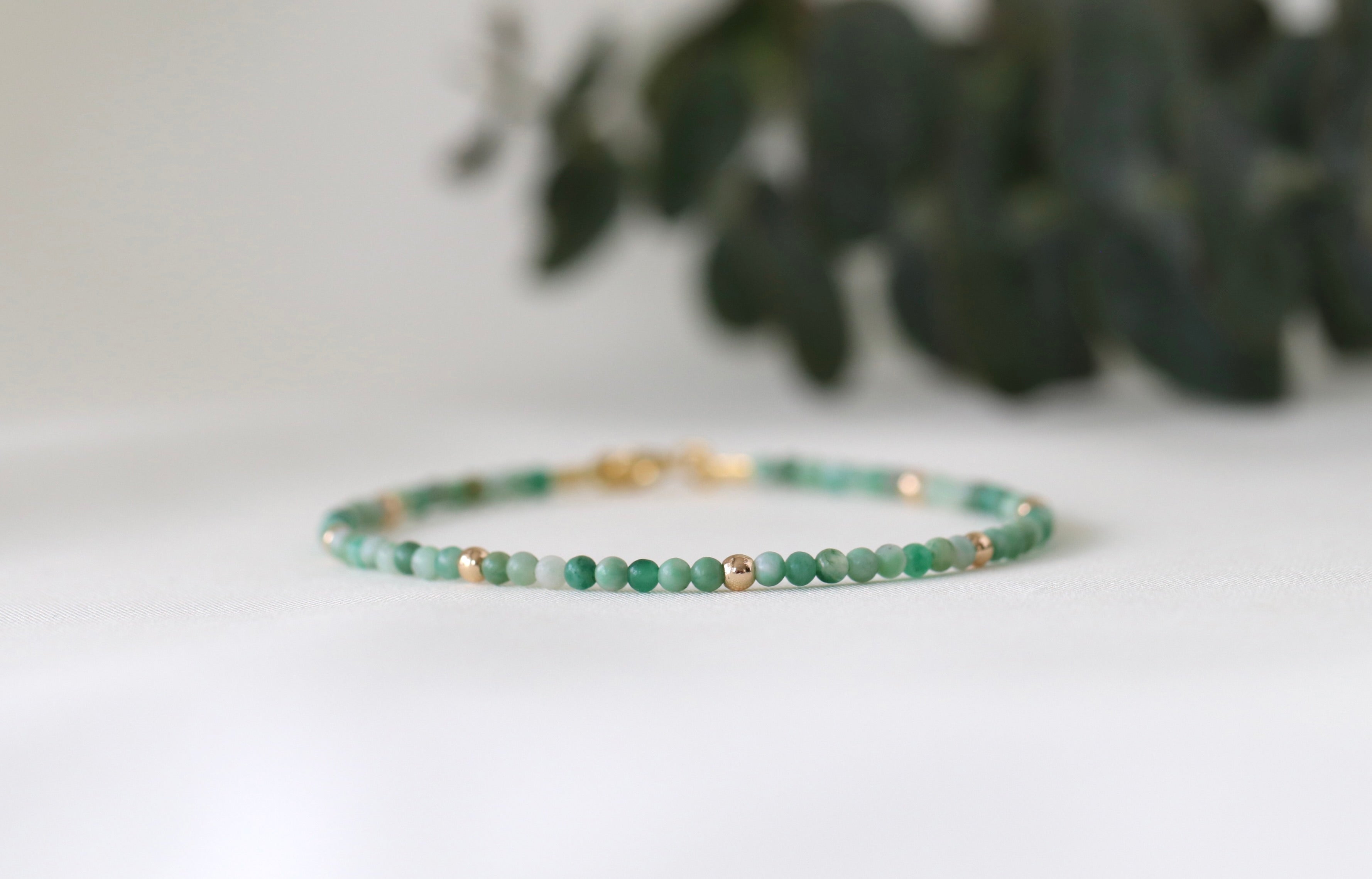 Dainty green Jade bracelet with 14k gold accents, timeless handcrafted jewelry