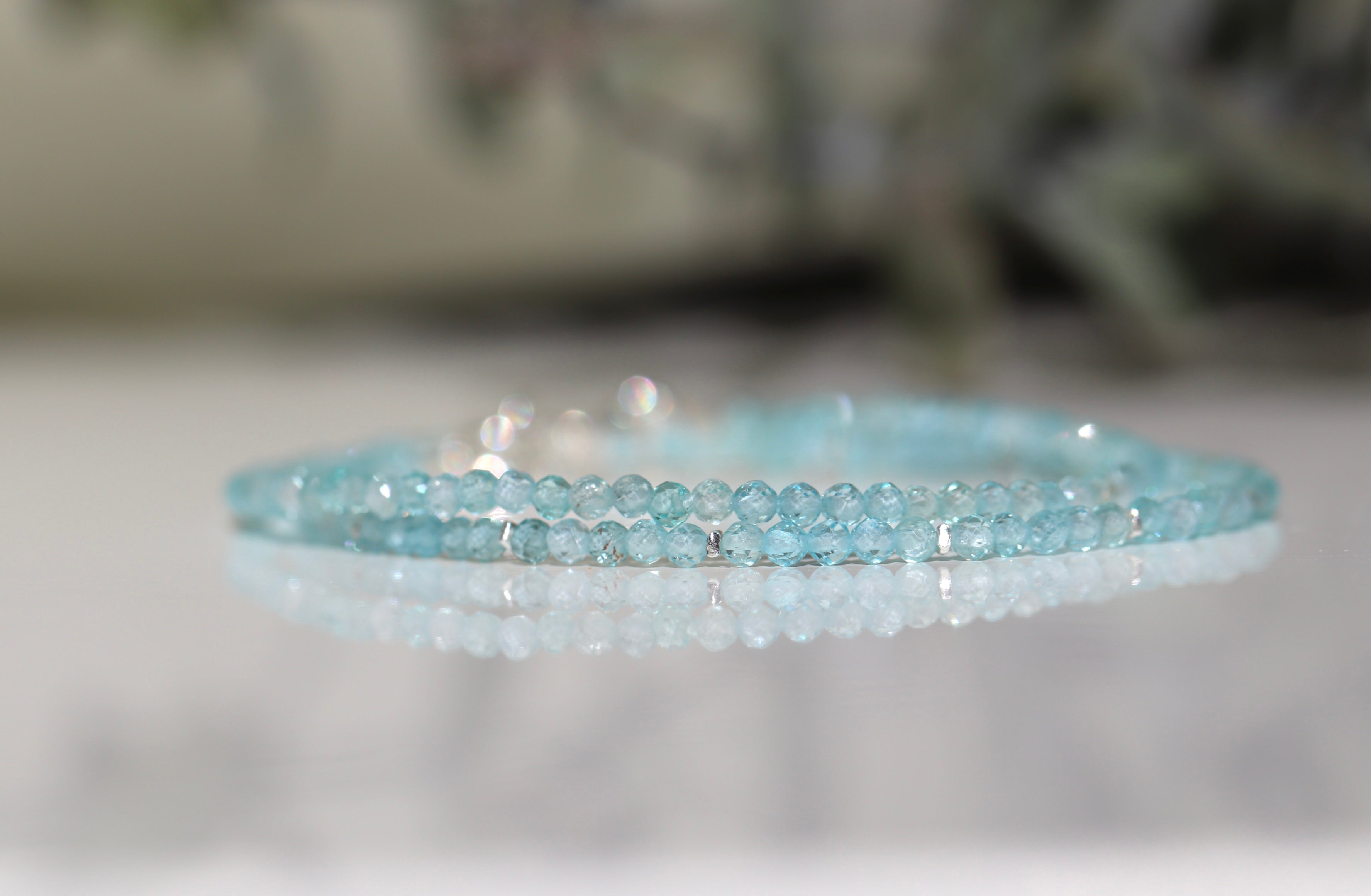 Dainty high clarity Blue Apatite bracelet by Oberia Jewelry, timeless and refined