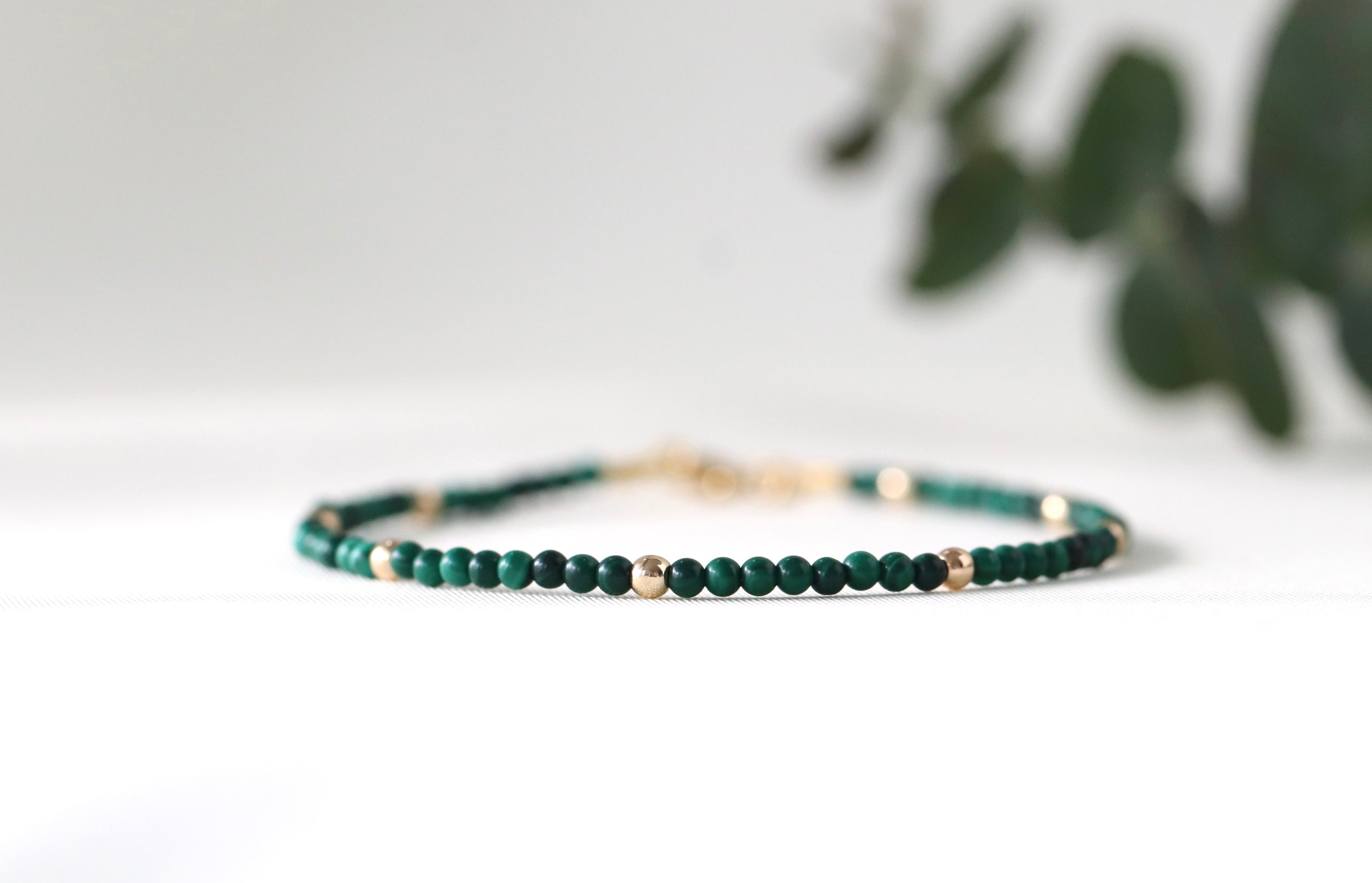 Dainty malachite bracelet from Oberia Jewelry, elegant handmade jewelry inspired by August birthstones