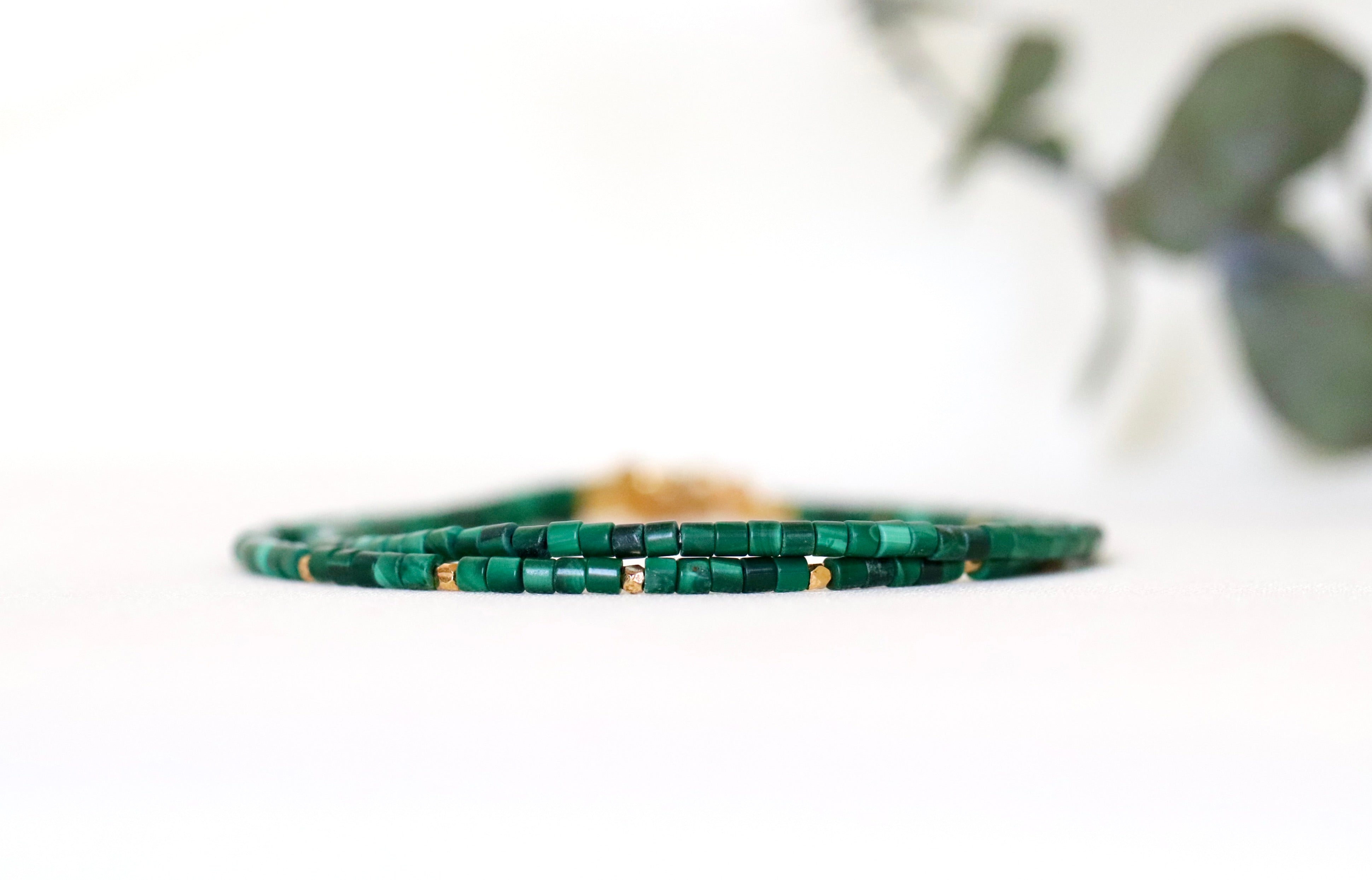 Dainty Malachite bracelet featuring 24k gold vermeil accents, minimalist handmade jewelry