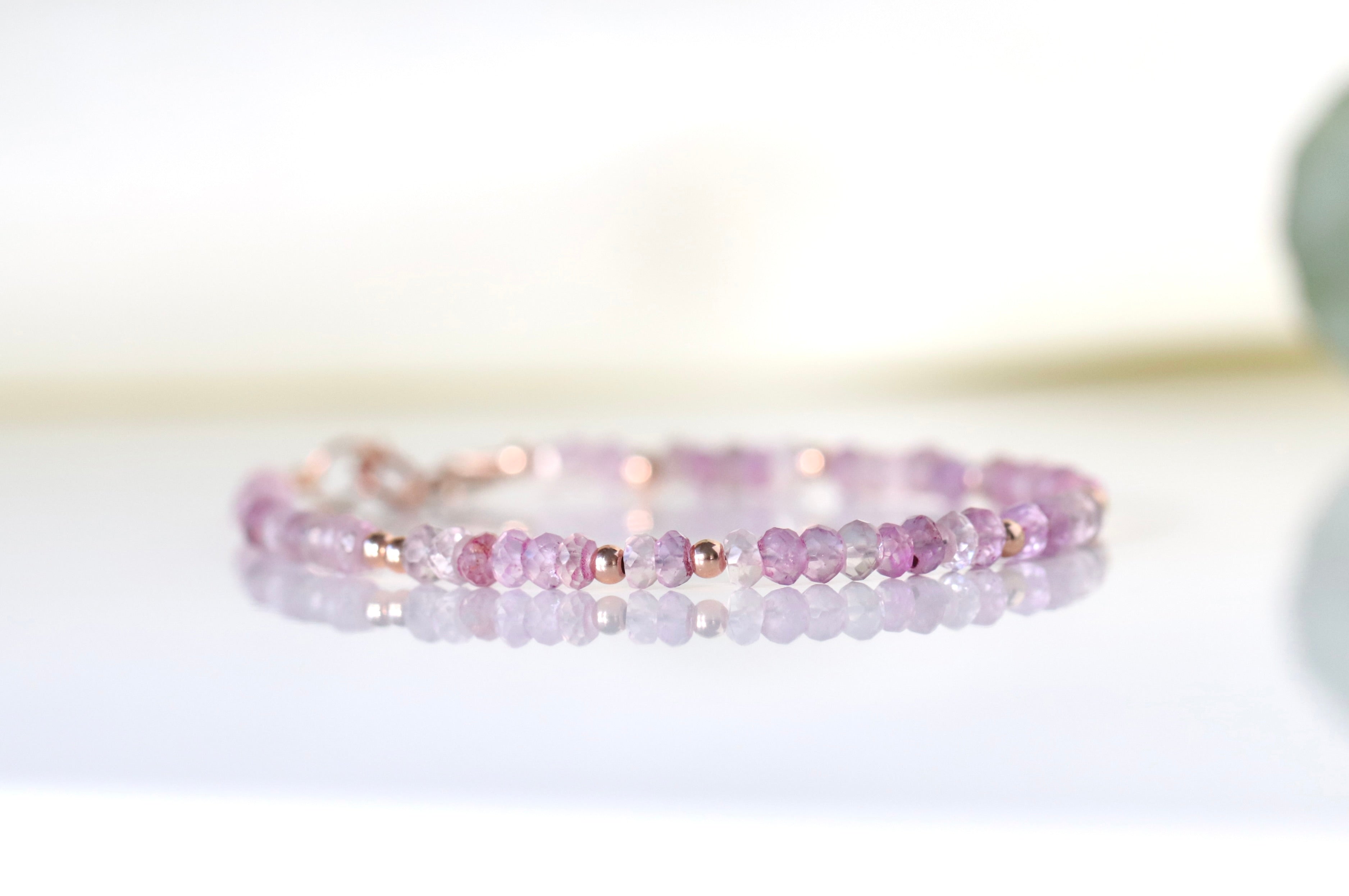 Dainty Pink Amethyst bracelet featuring 14k rose gold accents, timeless handmade design