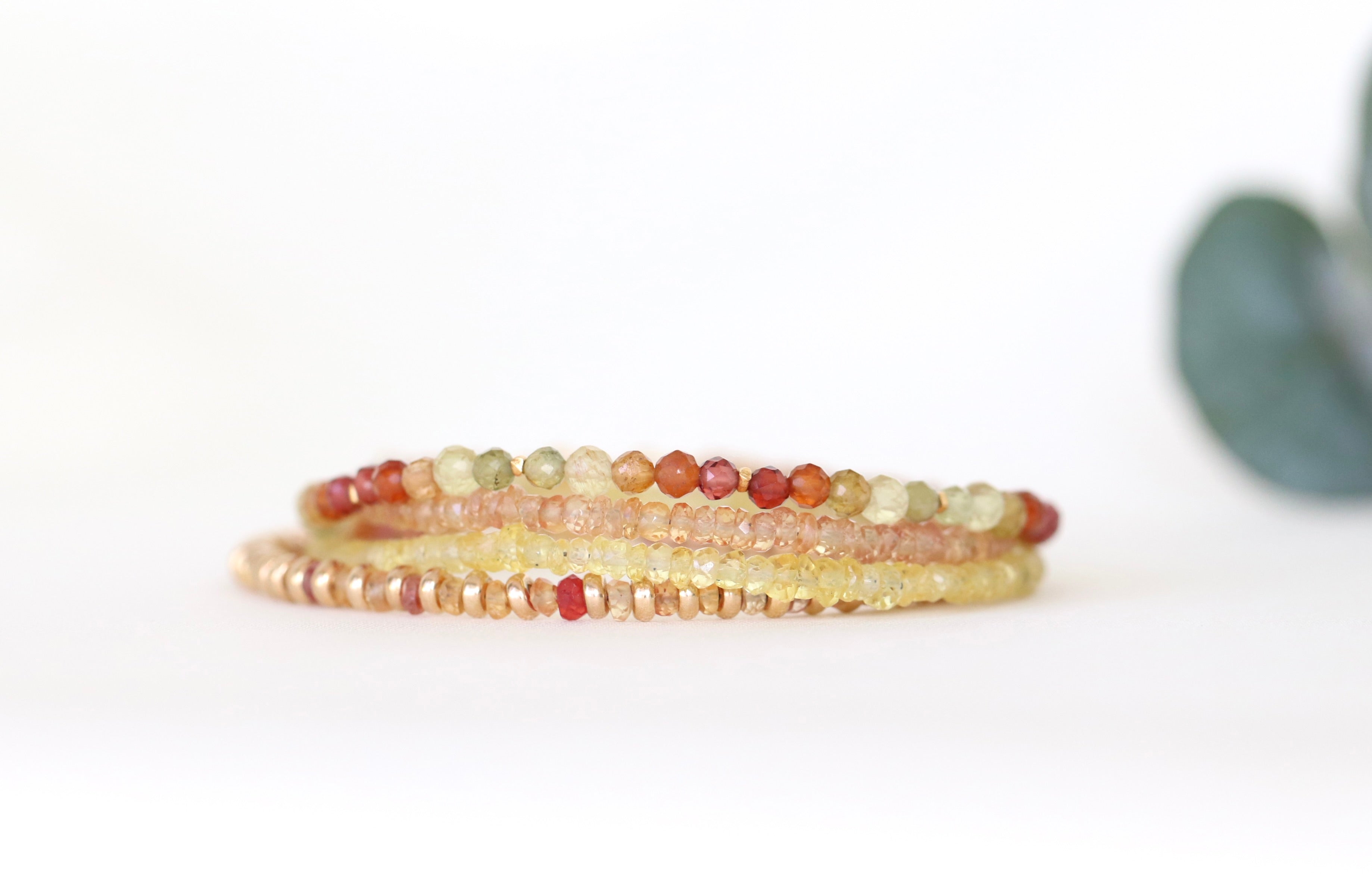 Dainty Yellow Apatite bracelet featuring Garnet, Tourmaline & Malaya Garnet, handcrafted design