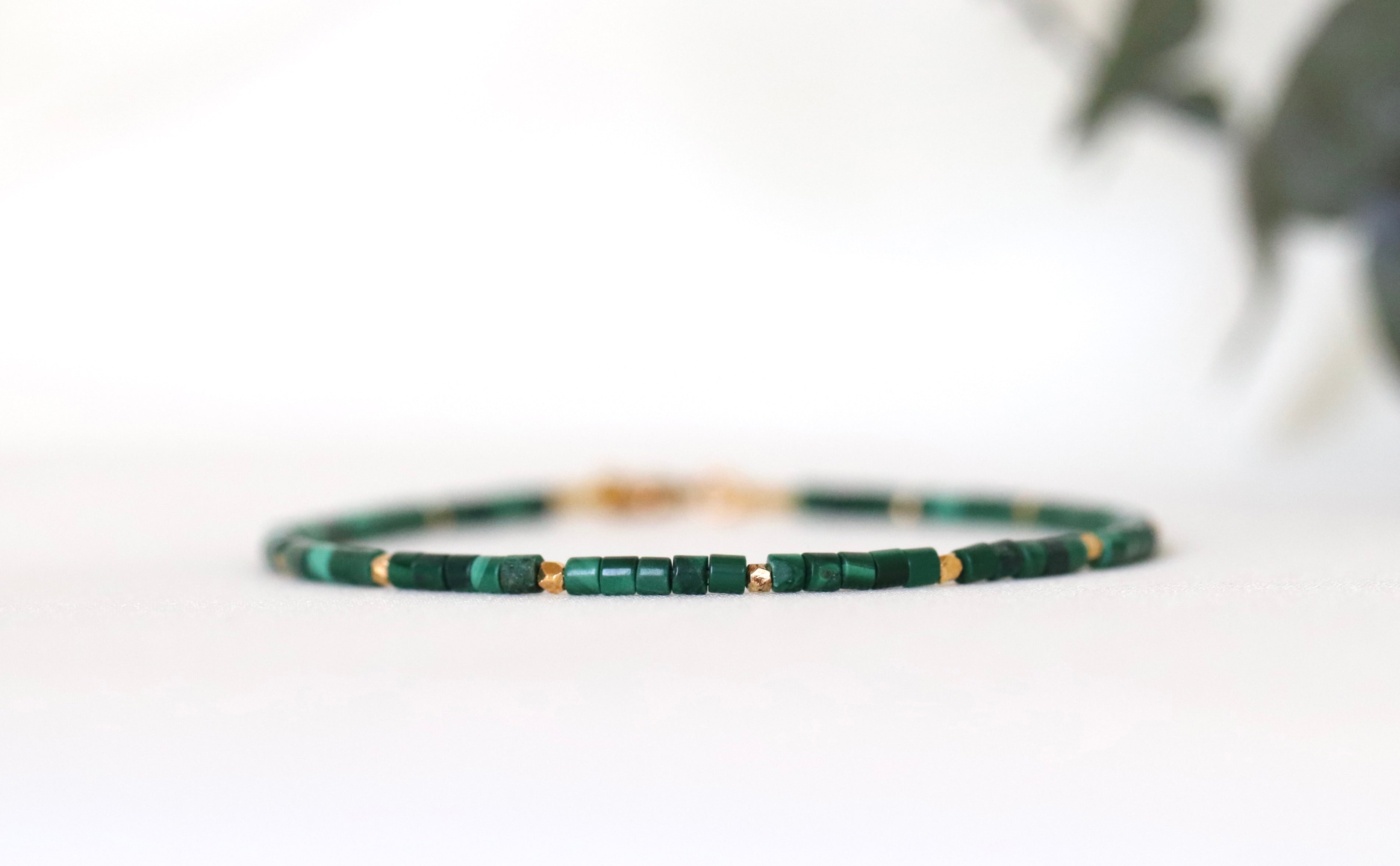 Elegant Thai Malachite bracelet with gold vermeil beads, timeless Oberia Jewelry design