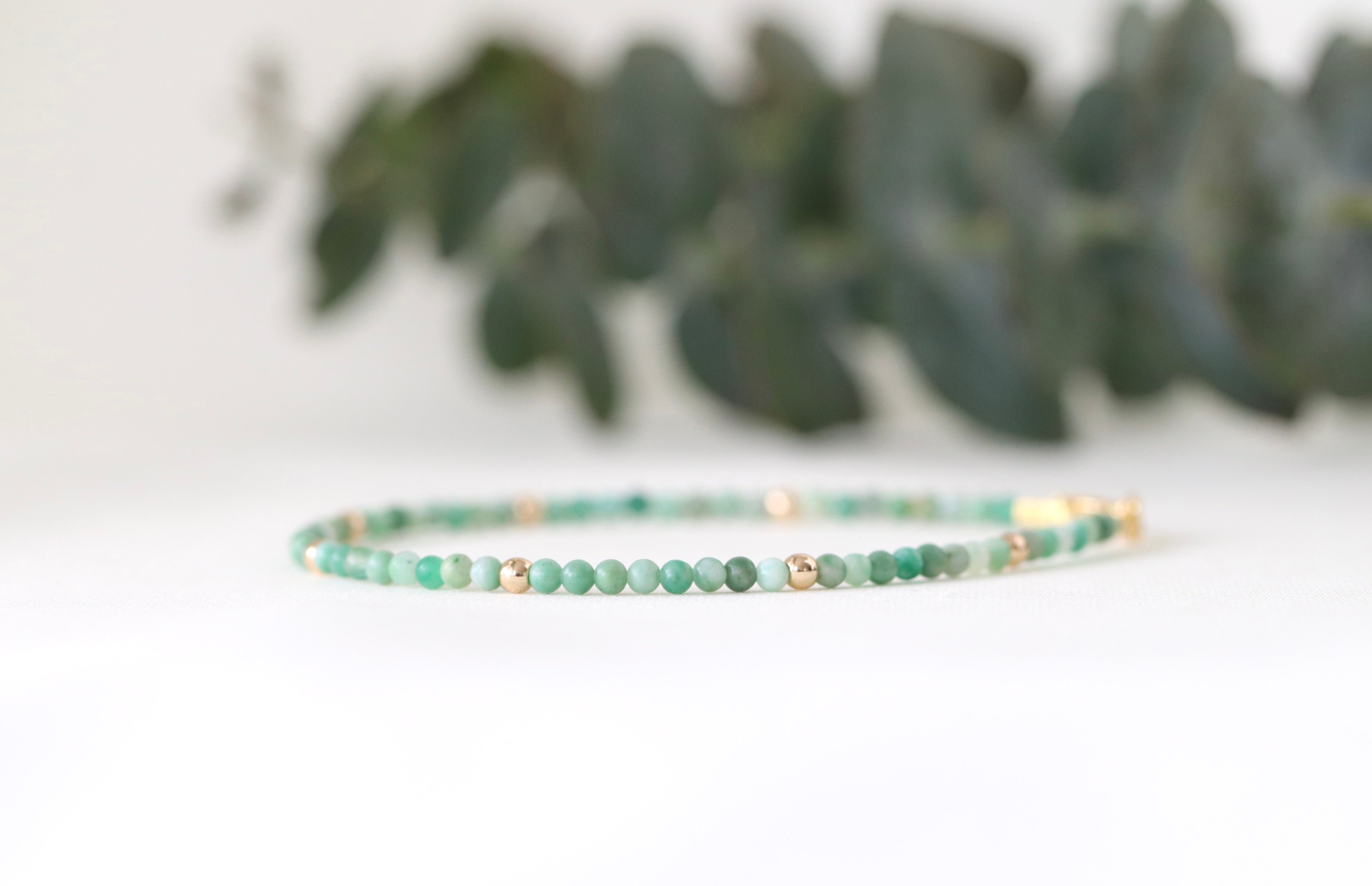 Handmade Qinghai Jade bracelet with 14k gold filled beads, elegant minimalist jewelry by Oberia