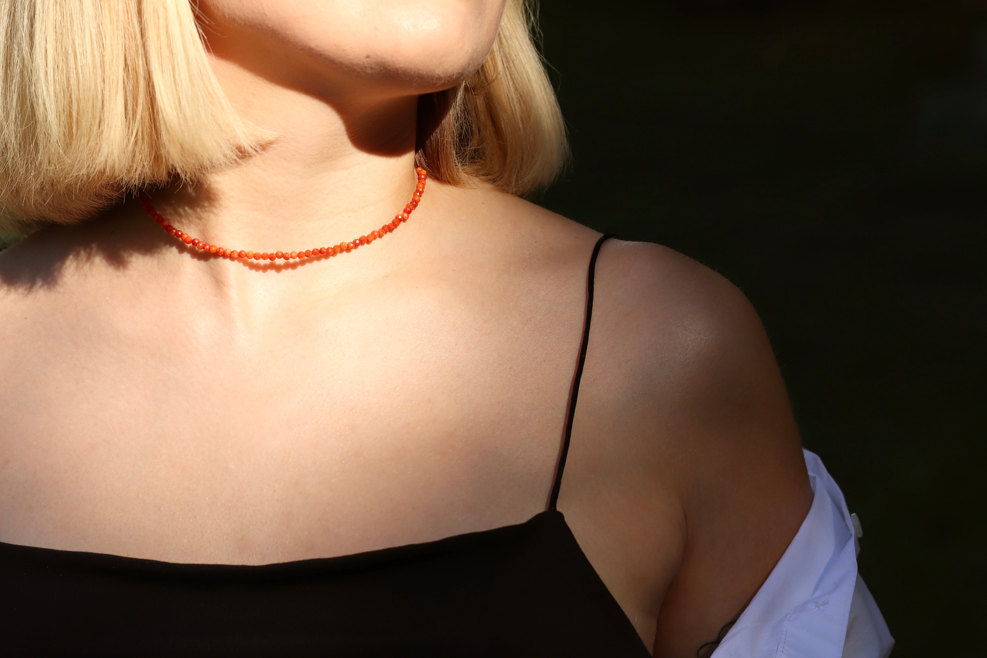 Handmade Sponge Red Coral necklace with natural 3mm beads, dainty minimalist jewelry by Oberia