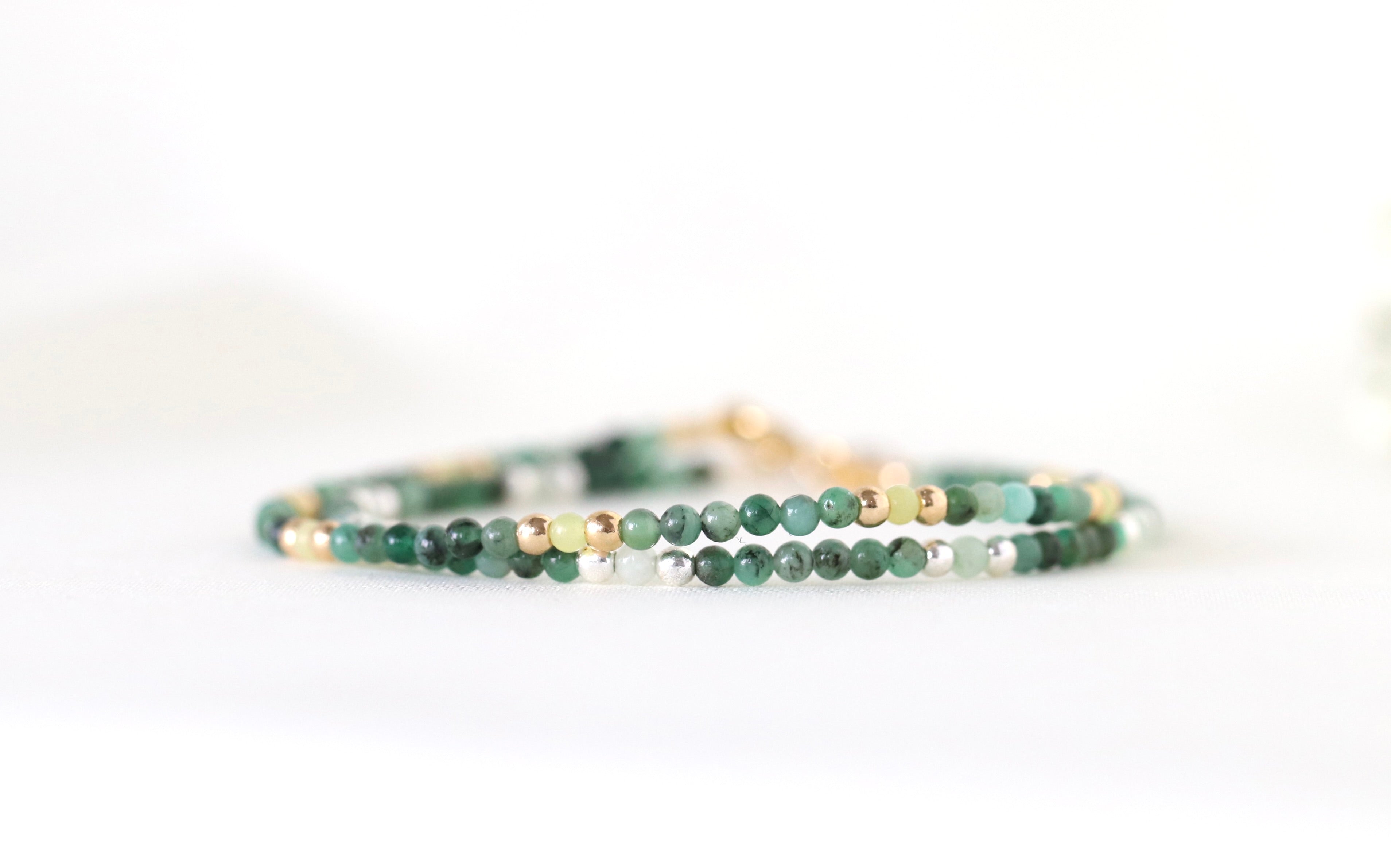 Handmade Tiny Emerald bracelet with Lemon Yellow Jade and 14k gold filled beads by Oberia Jewelry