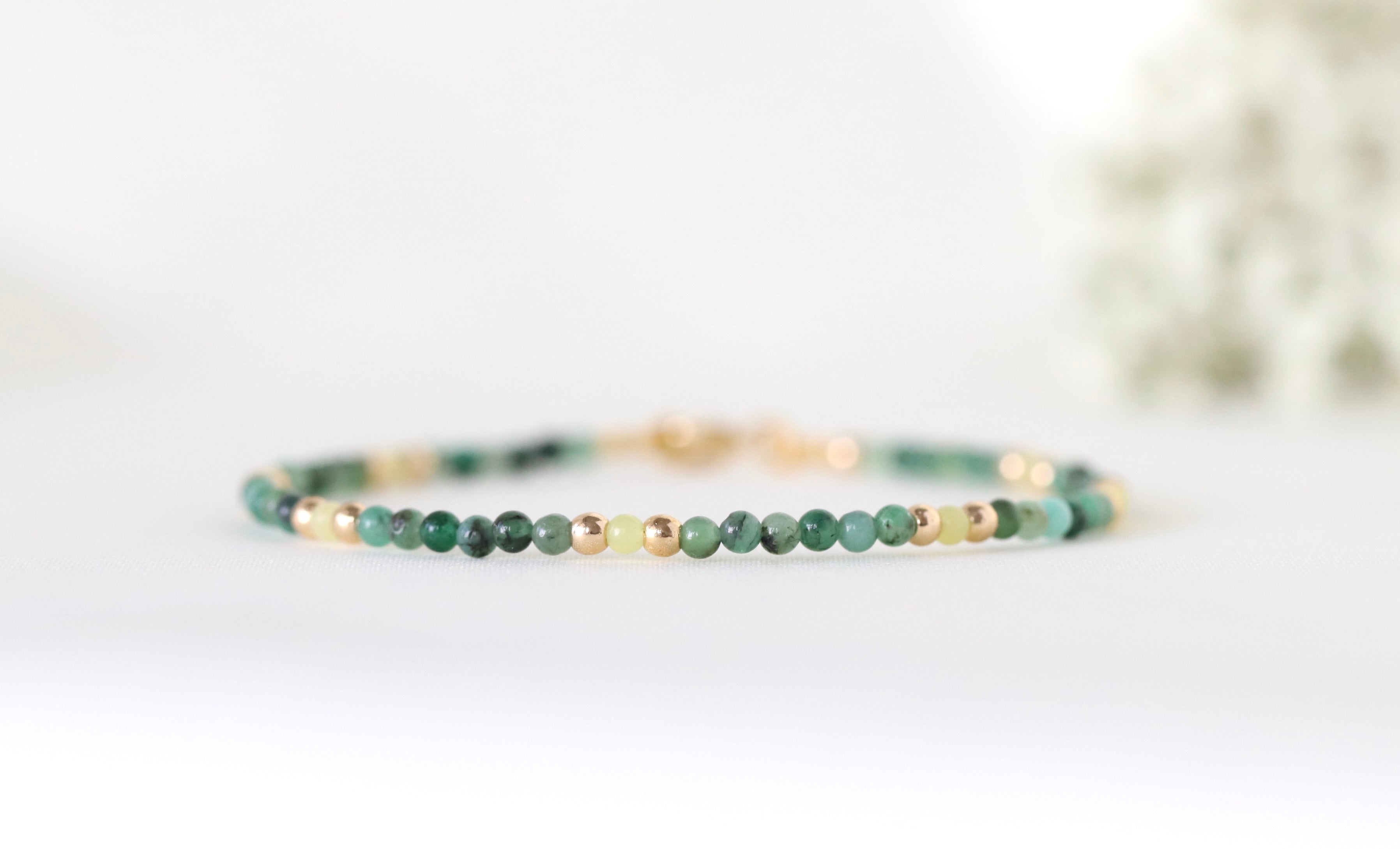 Minimalist Emerald bracelet with gold filled accents