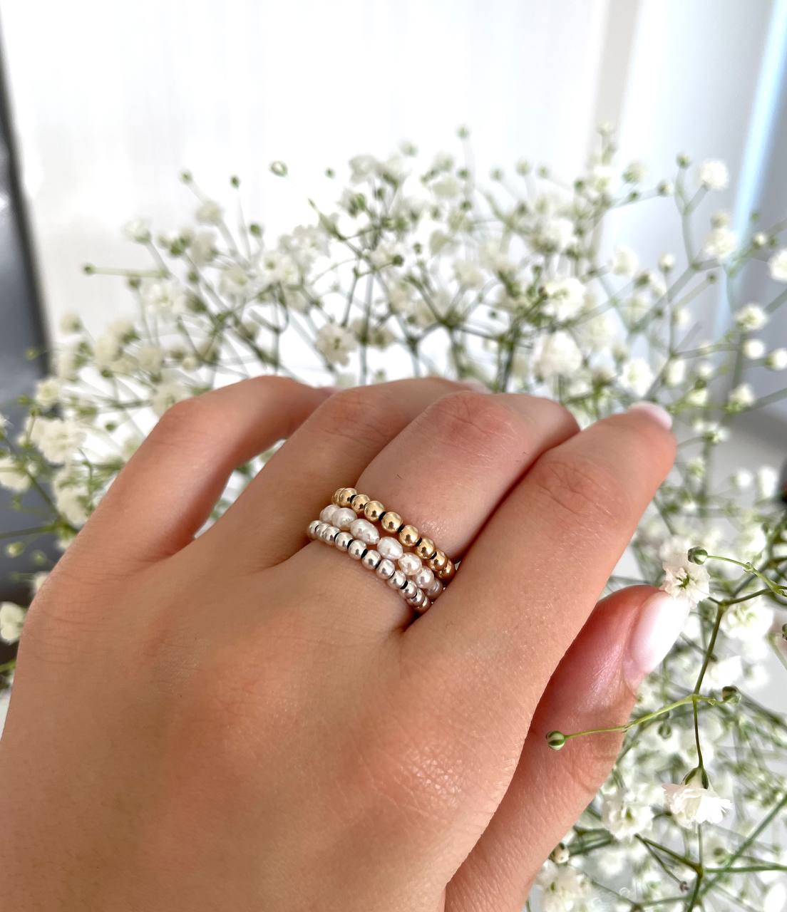Minimalist gold filled and silver beaded ring