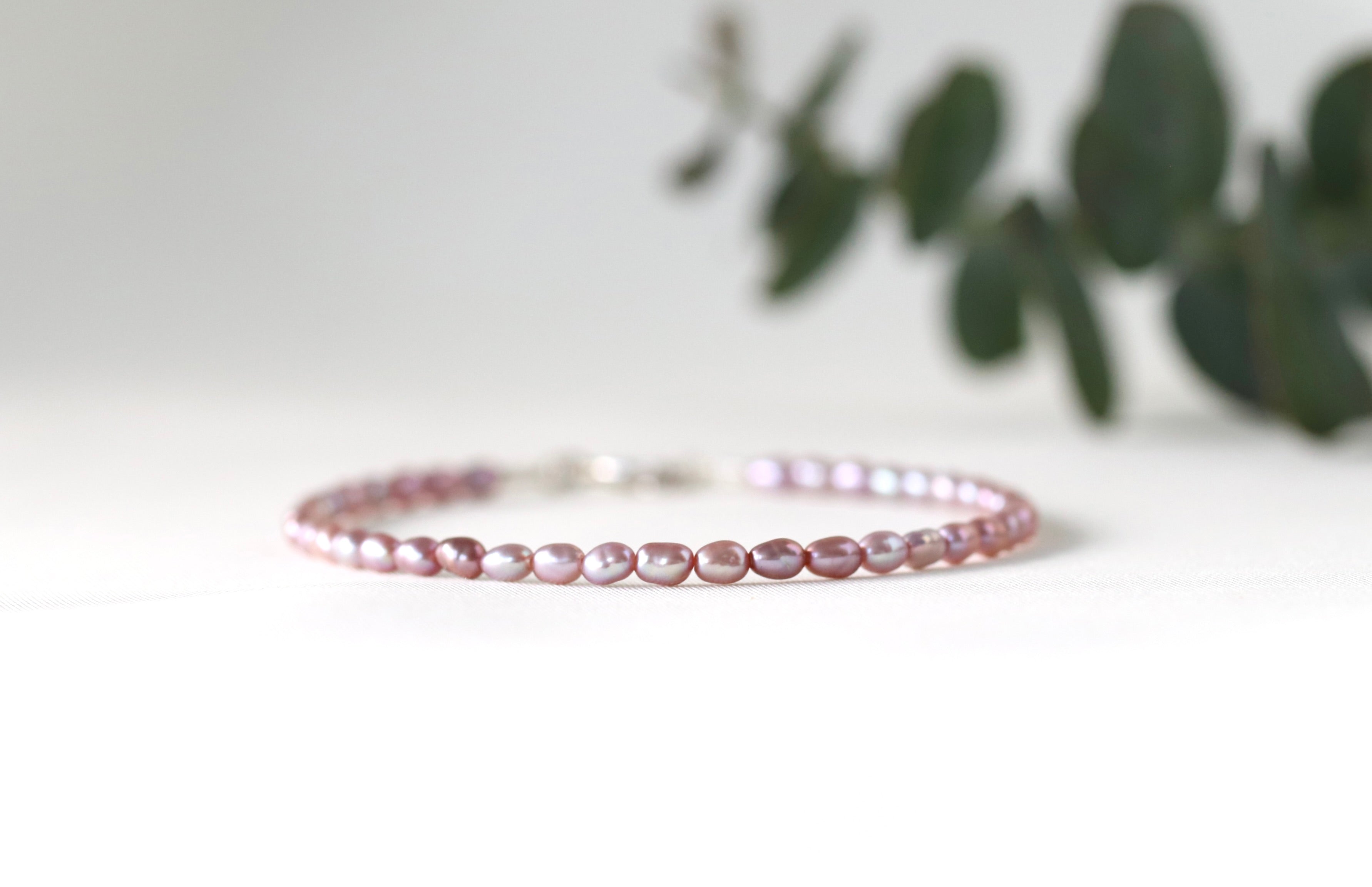 Minimalist 2-3mm Rice Pink Pearl bracelet, dainty handcrafted jewelry with sterling silver