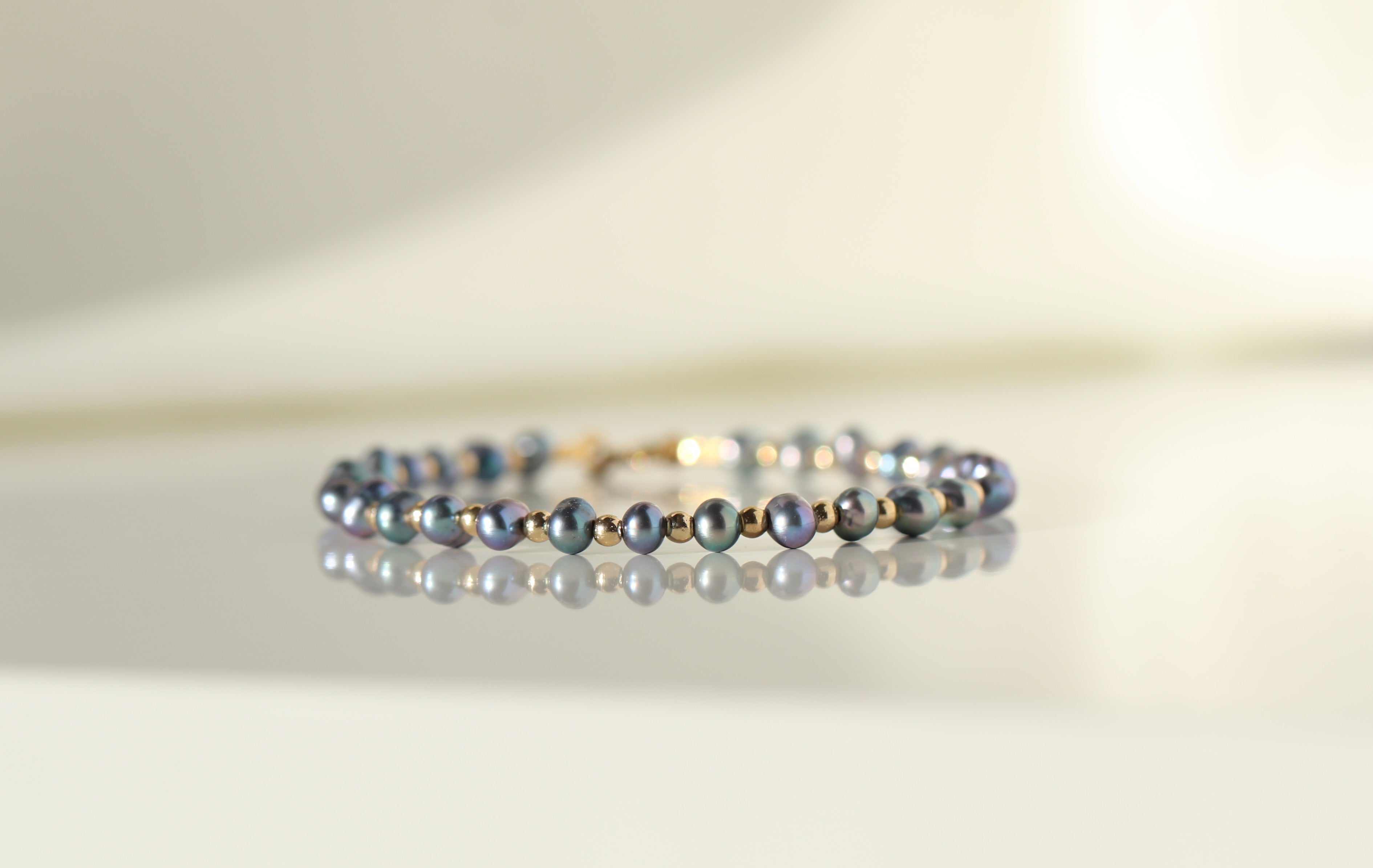 Tahitian Black Pearl bracelet with sterling silver beads, timeless dainty jewelry